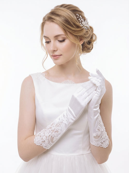 White Stretch Satin Bridal Gloves - 37cm Below Elbow Length Wedding Gloves with Cutout Guipure Lace - Heavy Hand-Beaded Shimmering Sequins Opera Mittens LUNA-X307
