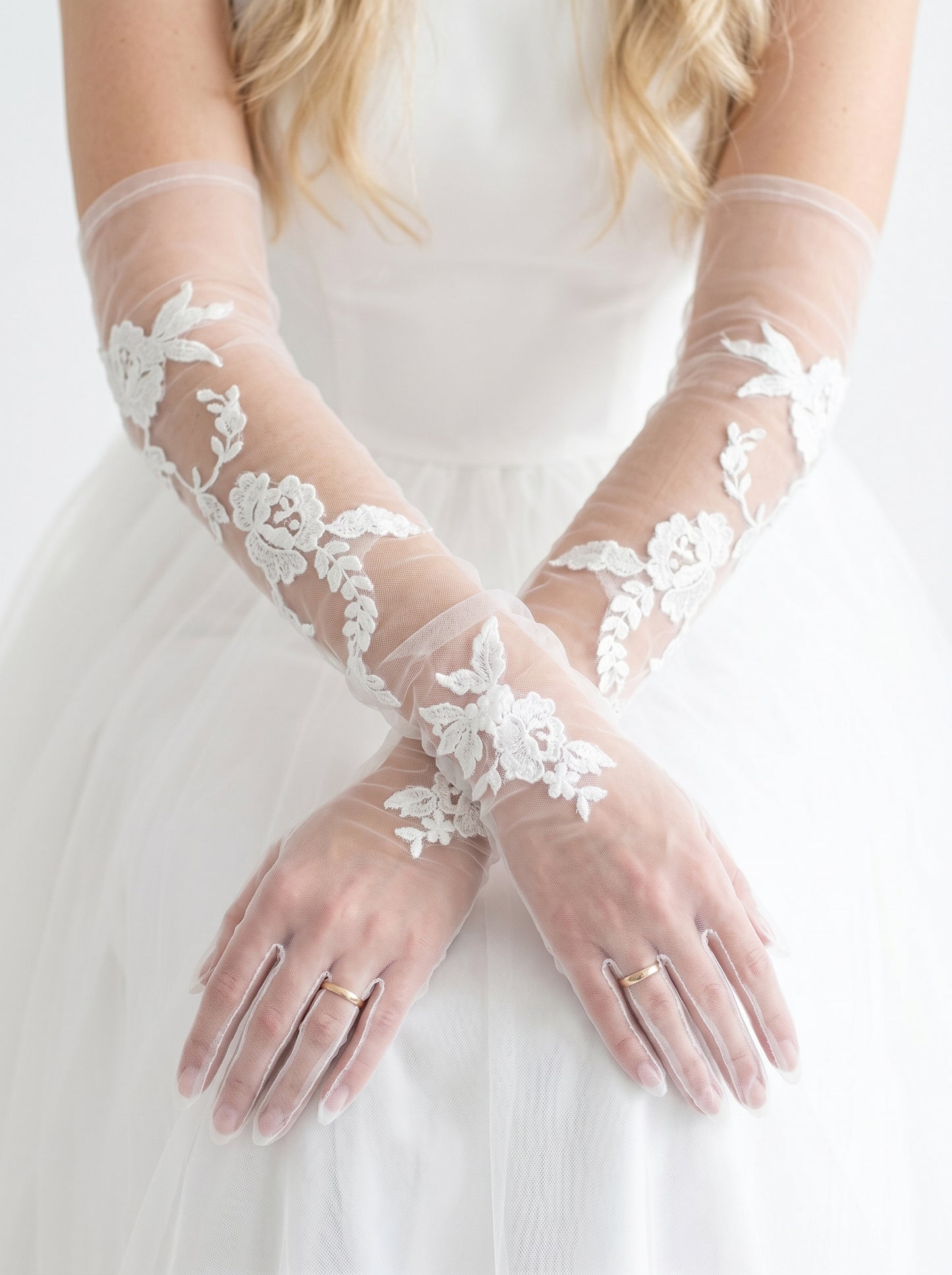Off-White Embroidered Lace Bridal Gloves - 70cm Extra Long Shoulder Length High-Density Mesh Wedding Gloves - Anti-Wrinkle Slouchy Ruched Opera Mittens LUNA-X310