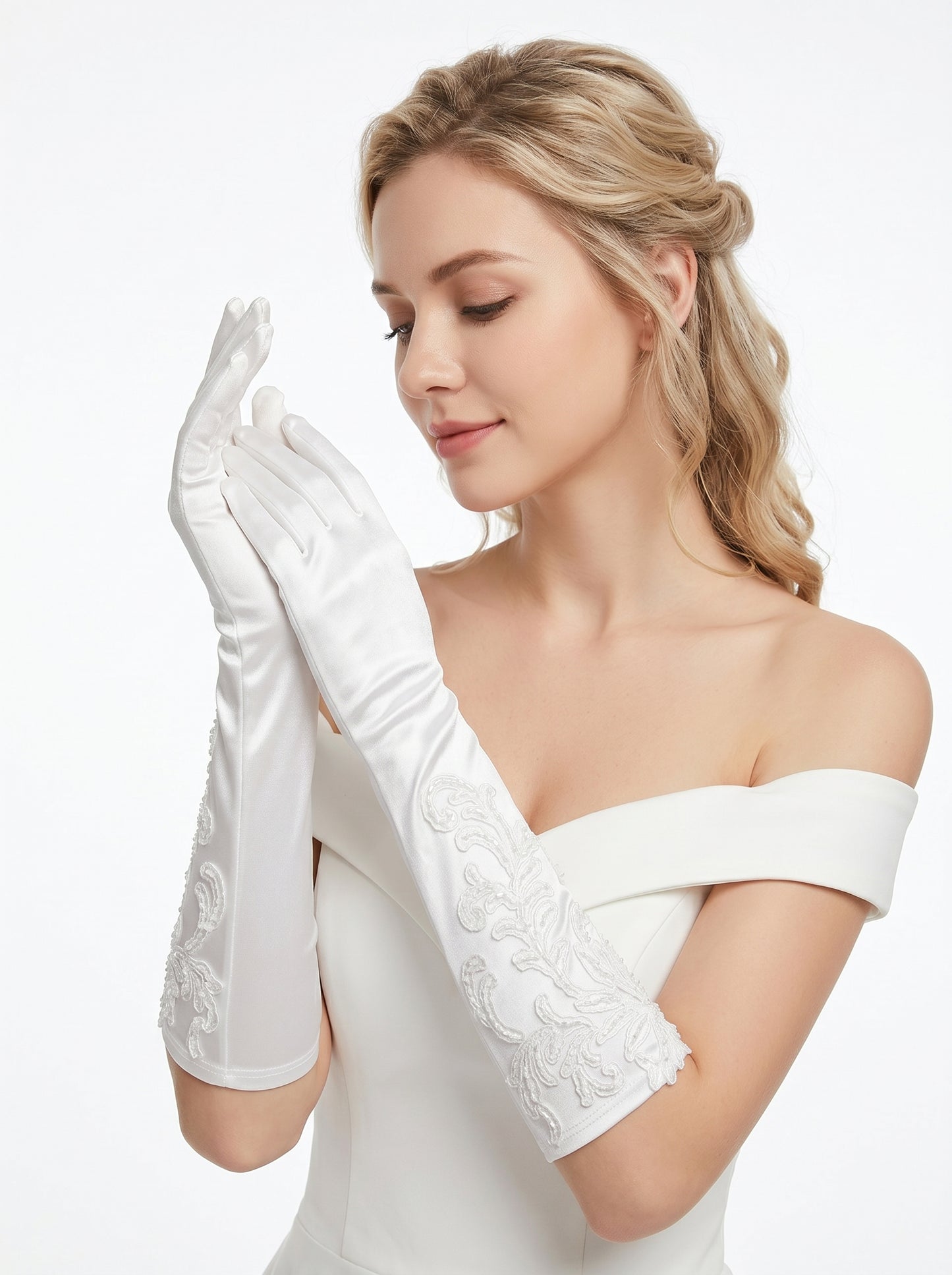 White Stretch Satin Bridal Gloves - 37cm Elbow Length Wedding Gloves with Hand-Beaded Lace Appliqué - Vintage Old Hollywood Classic Prom Mittens LUNA-X311