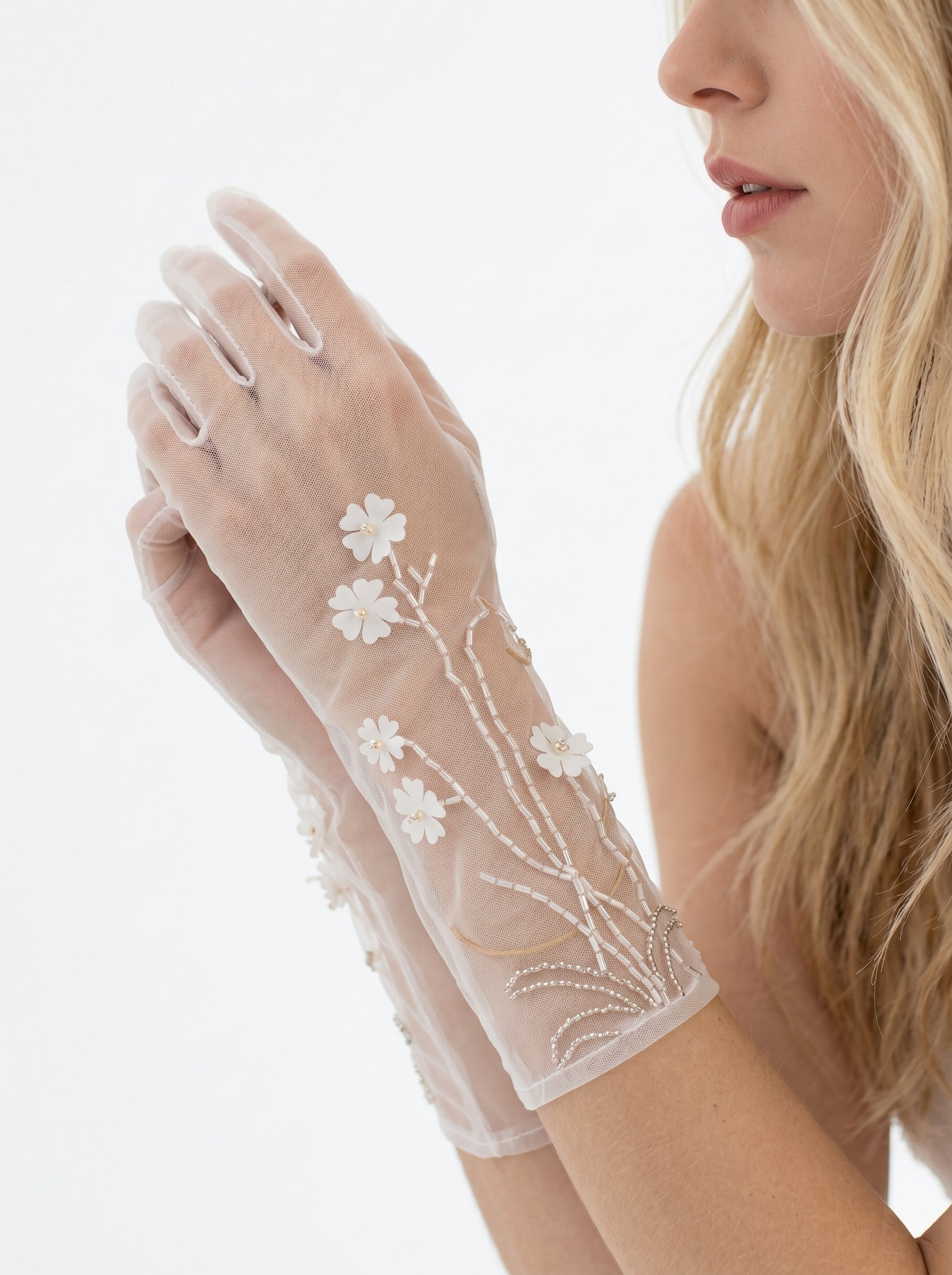 Ethereal Blossom Illusion Mesh Bridal Gloves - 35cm White 3D Floral Hand-Beaded Wedding Gloves - Vintage Cottagecore Sheer Prom Mittens LUNA-X316