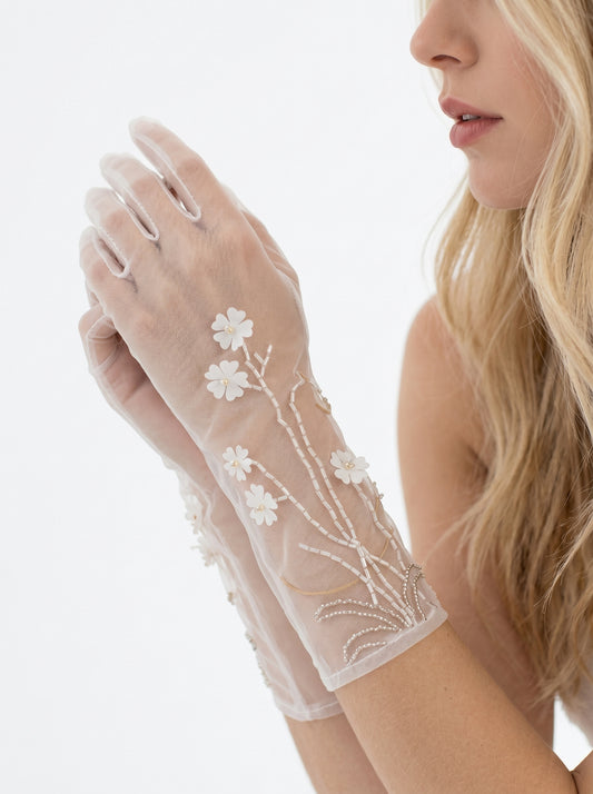 Ethereal Blossom Illusion Mesh Bridal Gloves - 35cm White 3D Floral Hand-Beaded Wedding Gloves - Vintage Cottagecore Sheer Prom Mittens LUNA-X316