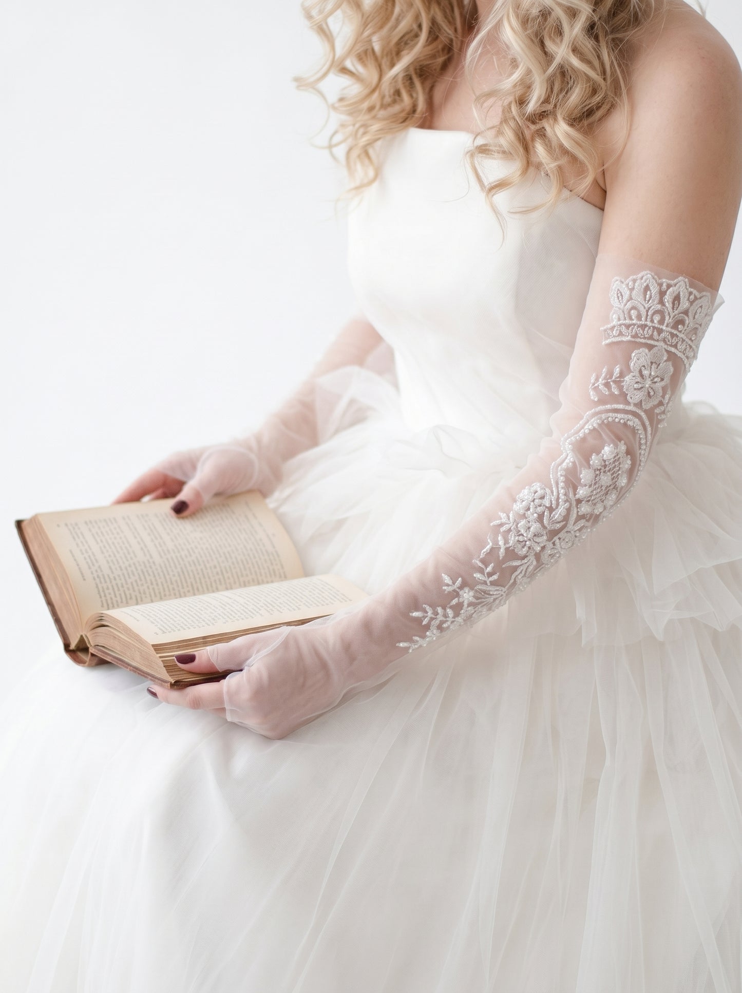 Edwardian Heavy Beaded Bridal Sleeves - 55cm Off-White Illusion Mesh Wedding Gloves - French Couture Embroidery Fingerless Arm Cuffs with Ribbon Tie  LUNA-X317