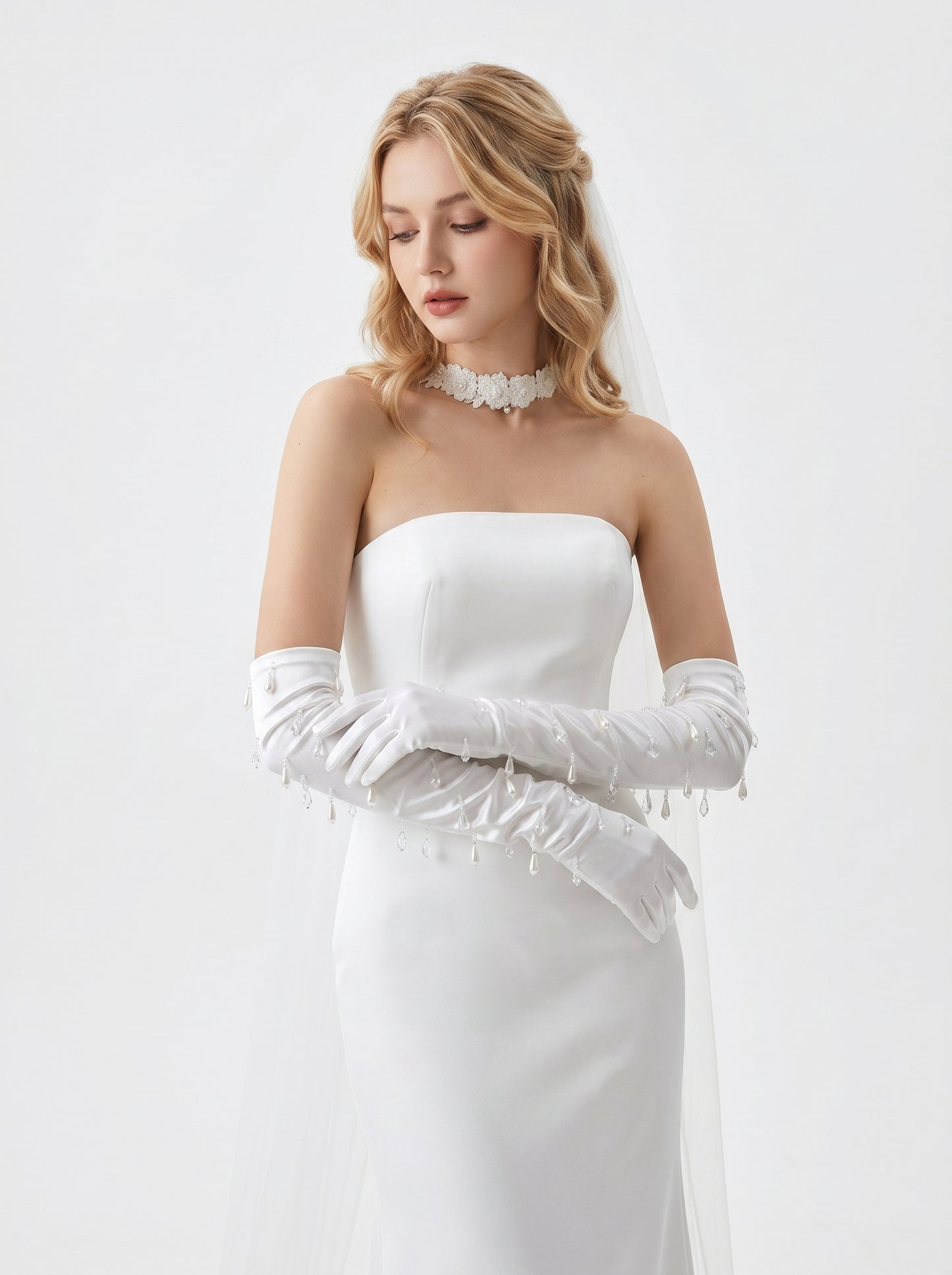 Liquid Satin Opera Bridal Gloves - Raindrop Pearl & Crystal Tassel Wedding Gloves - Luxury Above-the-Elbow Hollywood Glamour Prom Mittens  LUNA-X318