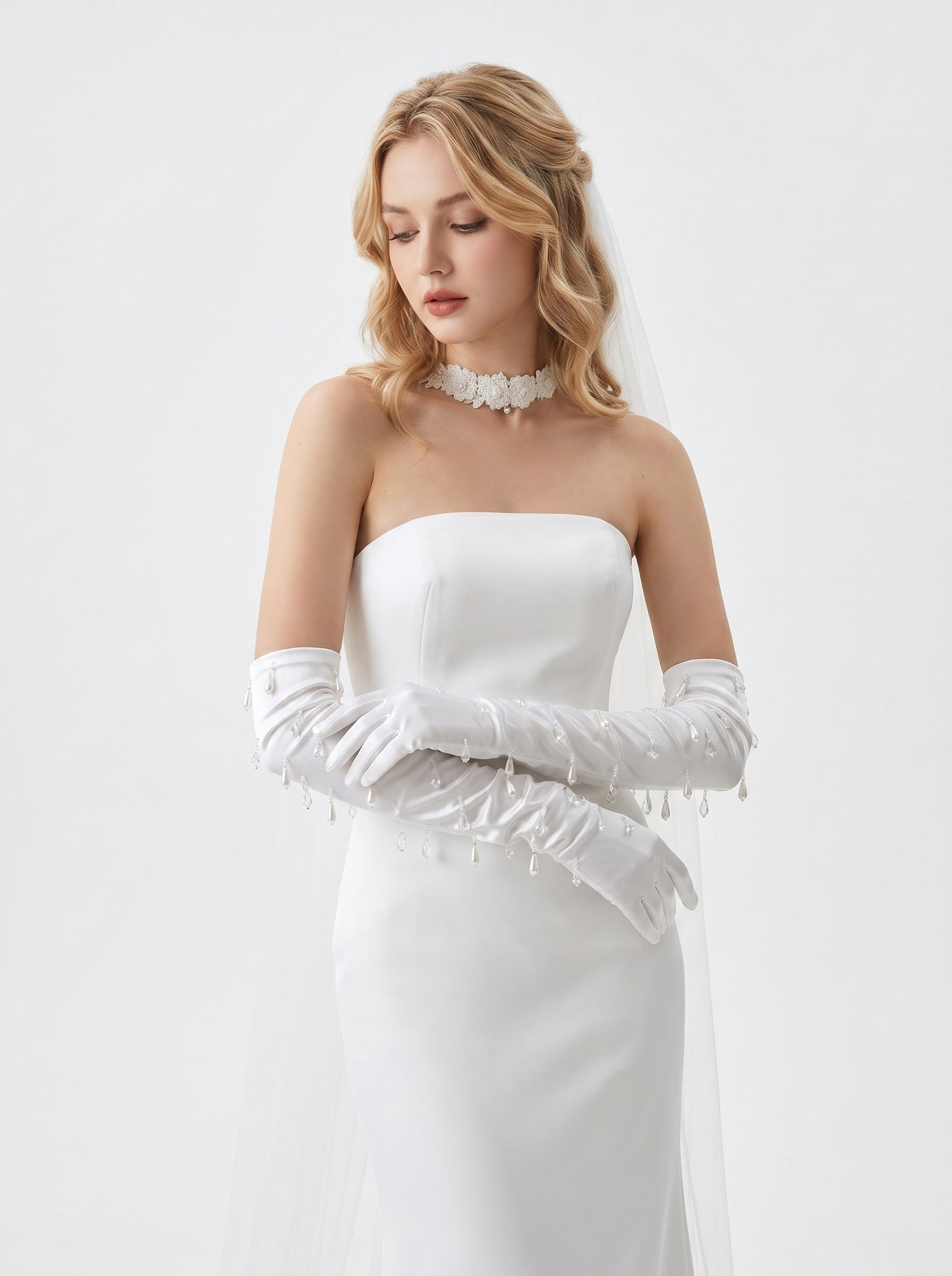 Liquid Satin Opera Bridal Gloves Raindrop Beaded Tassel Wedding Gloves | Luxury Above-the-Elbow Hollywood Glamour Prom Mittens | LUNA-X318