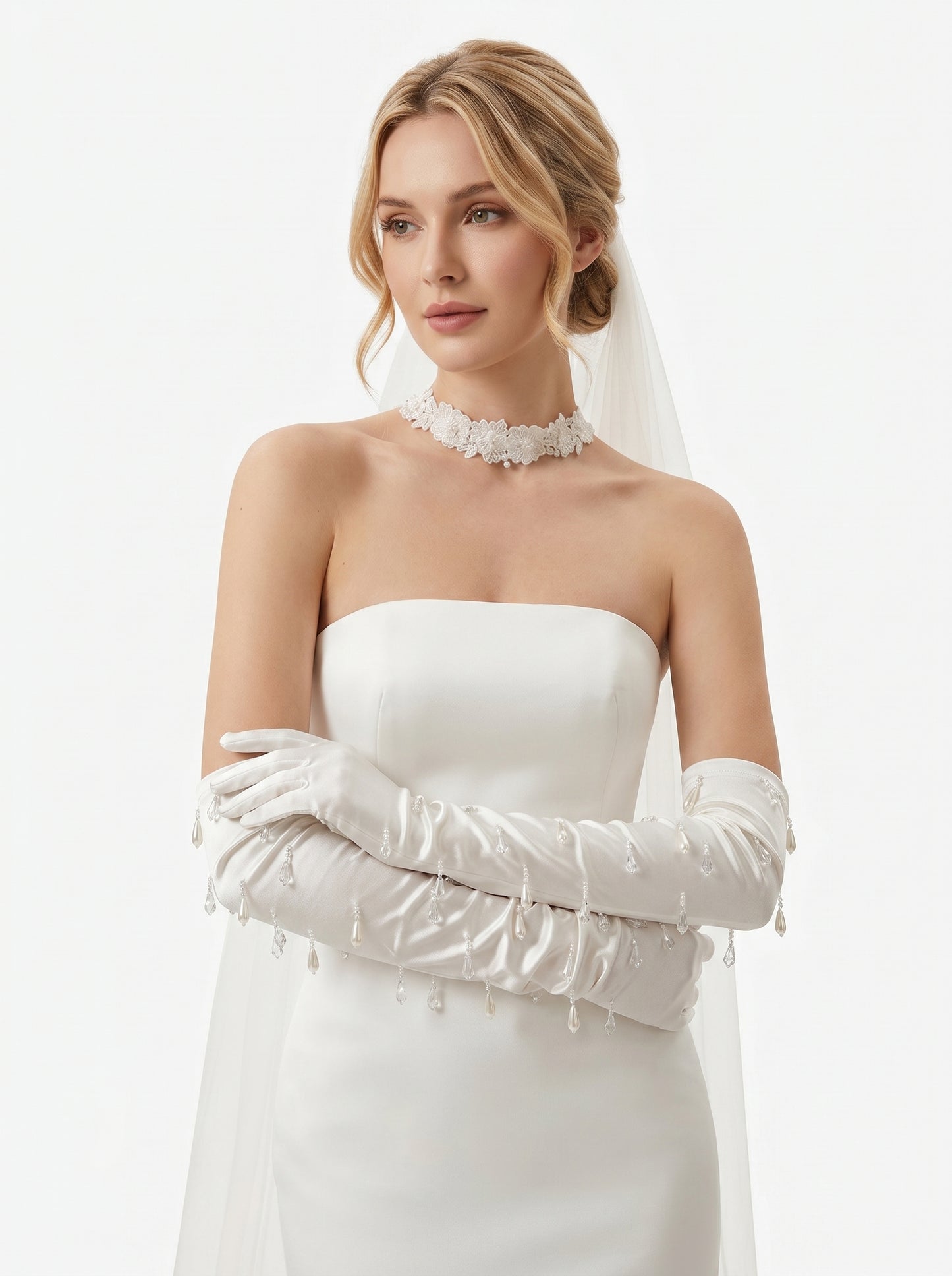Liquid Satin Opera Bridal Gloves - Raindrop Pearl & Crystal Tassel Wedding Gloves - Luxury Above-the-Elbow Hollywood Glamour Prom Mittens  LUNA-X318