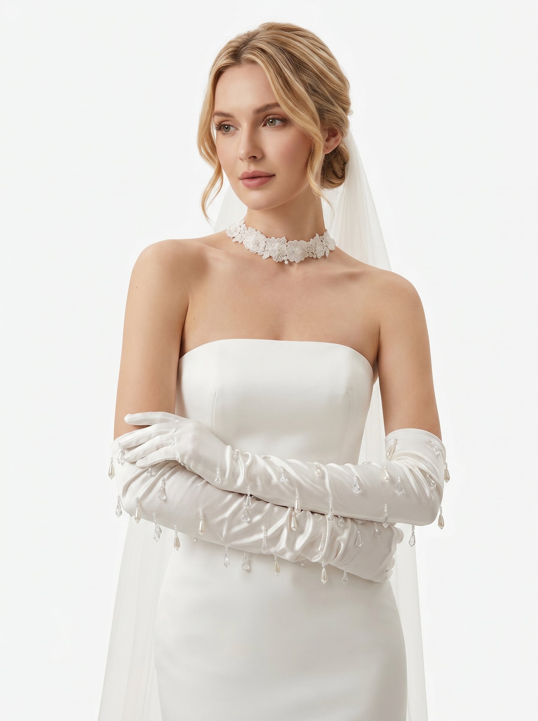 Liquid Satin Opera Bridal Gloves Raindrop Beaded Tassel Wedding Gloves | Luxury Above-the-Elbow Hollywood Glamour Prom Mittens | LUNA-X318