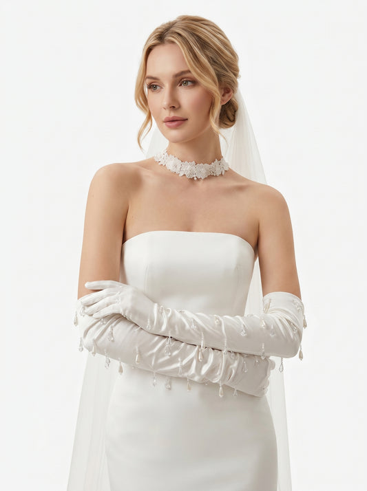 Liquid Satin Opera Bridal Gloves Raindrop Beaded Tassel Wedding Gloves | Luxury Above-the-Elbow Hollywood Glamour Prom Mittens | LUNA-X318