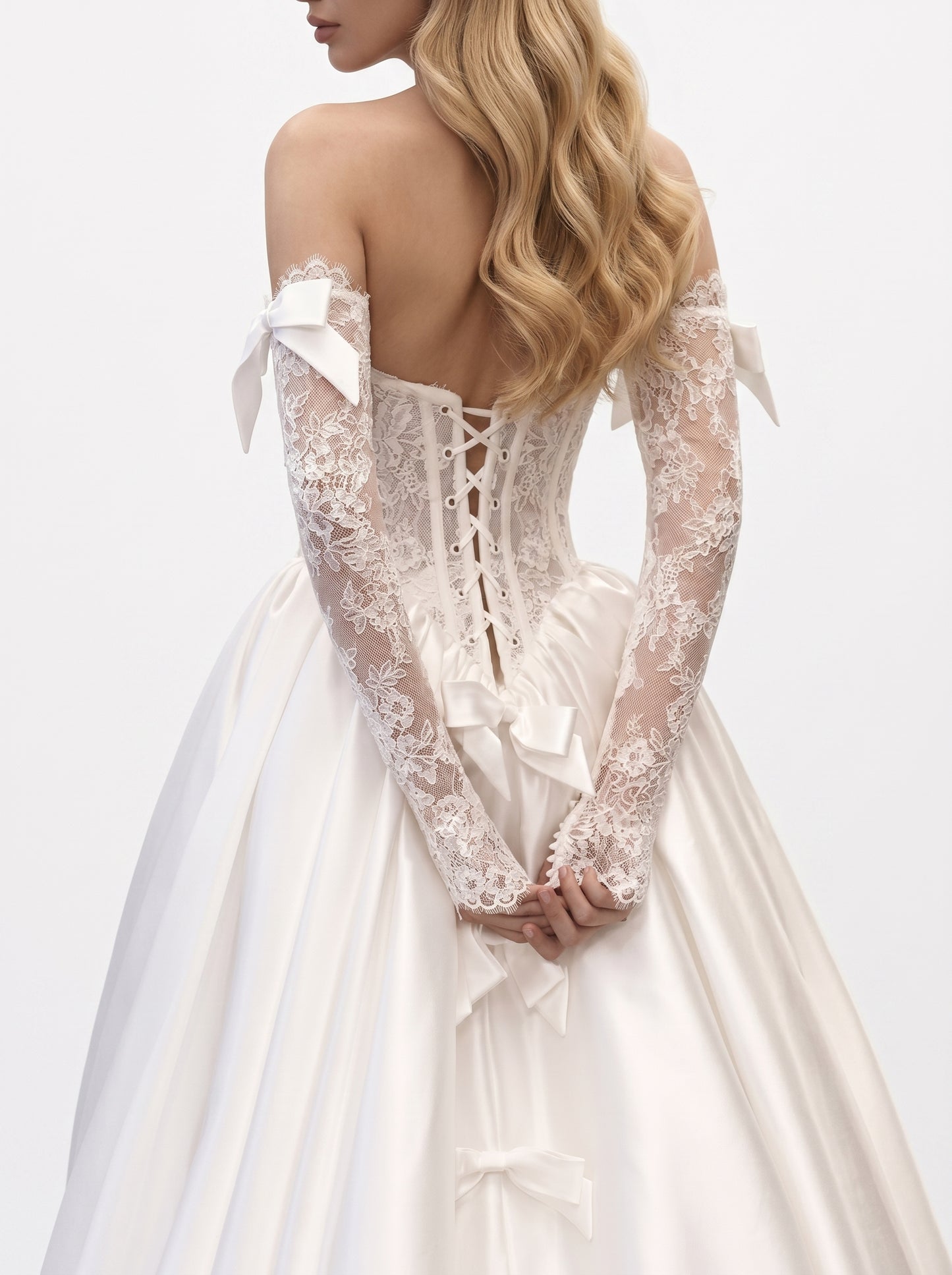 Vintage Coquette Lace Bridal Sleeves - 55cm Detachable Wedding Gloves with Satin Bows - Eyelash Lace Fingerless Arm Cuffs with Elastic Top LUNA-X319