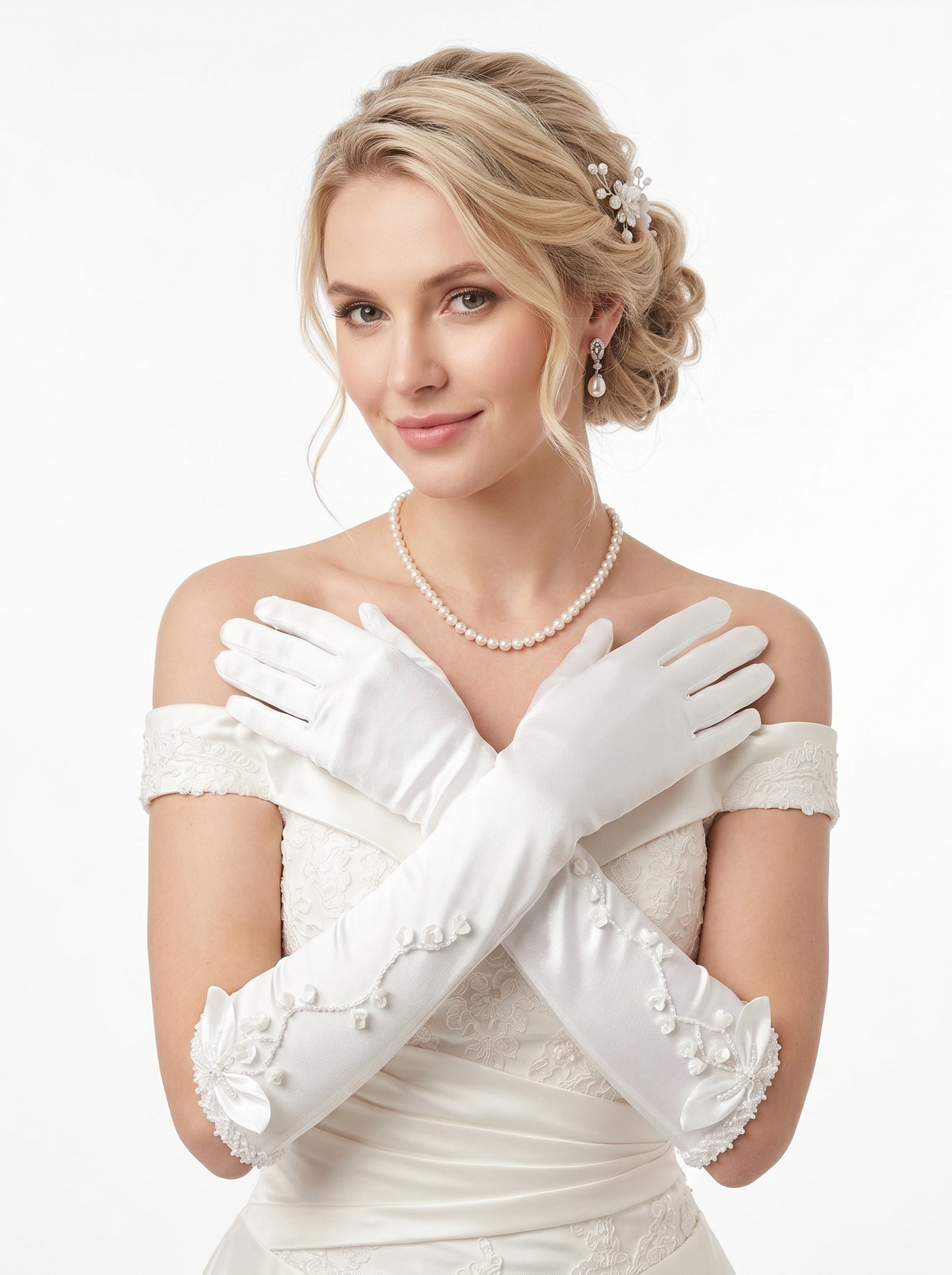 Lily of the Valley Satin Bridal Gloves - Hand-Beaded Pearl Floral Wedding Gloves - Vintage Pleated Ruffle Edge Prom & Evening Mittens (38cm/28cm) LUNA-X320