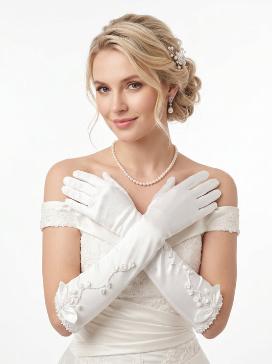 Lily of the Valley Satin Bridal Gloves Hand-Beaded Floral Wedding Gloves | Vintage Pleated Ruffle Edge Prom & Evening Mittens | LUNA-X320