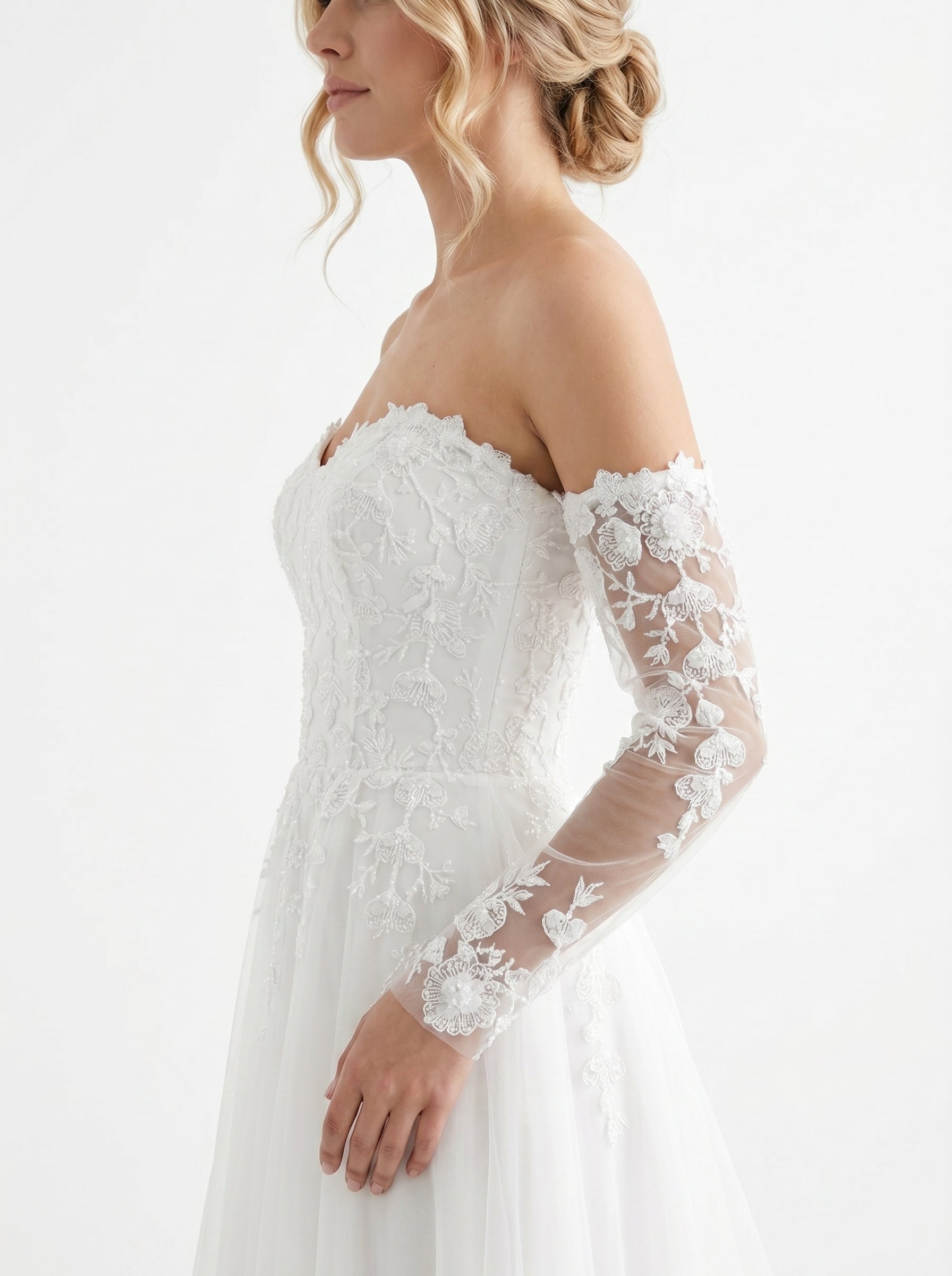 Vintage 3D Floral Bridal Sleeves - 55cm Opera Length Fingerless Wedding Gloves with Elastic Anti-Slip Cuff - Sequined White Illusion Lace Cuffs  LUNA-X323