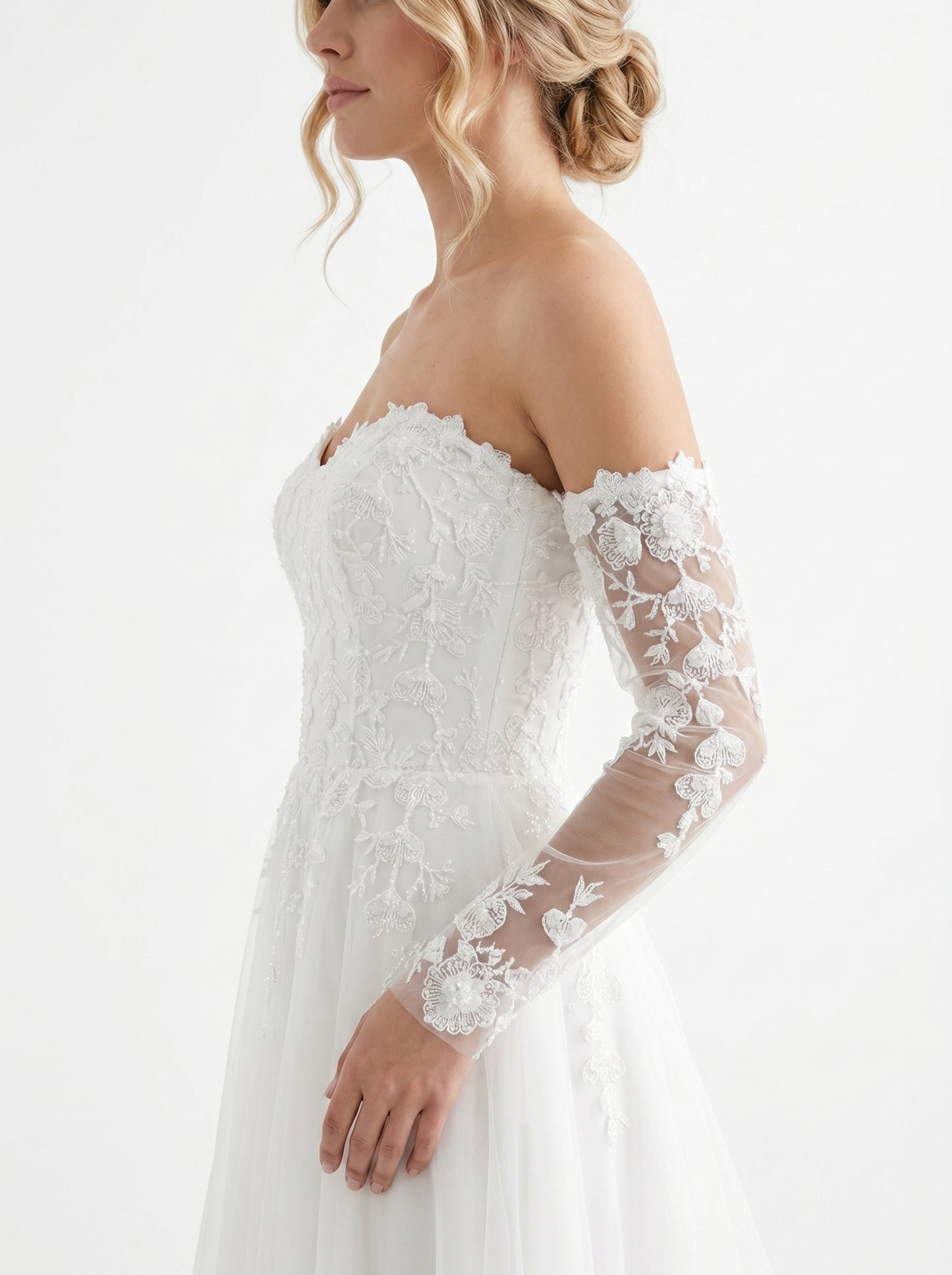 Vintage 3D Floral Bridal Sleeves - 55cm Opera Length Fingerless Wedding Gloves with Elastic Anti-Slip Cuff - Sequined White Illusion Lace Cuffs  LUNA-X323