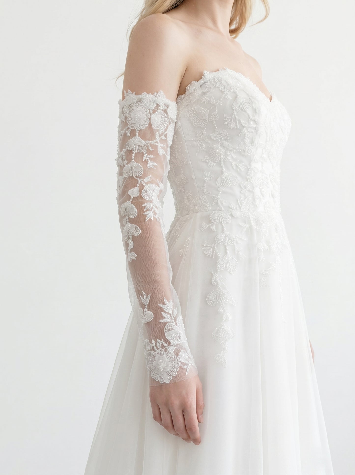 Vintage 3D Floral Bridal Sleeves - 55cm Opera Length Fingerless Wedding Gloves with Elastic Anti-Slip Cuff - Sequined White Illusion Lace Cuffs  LUNA-X323