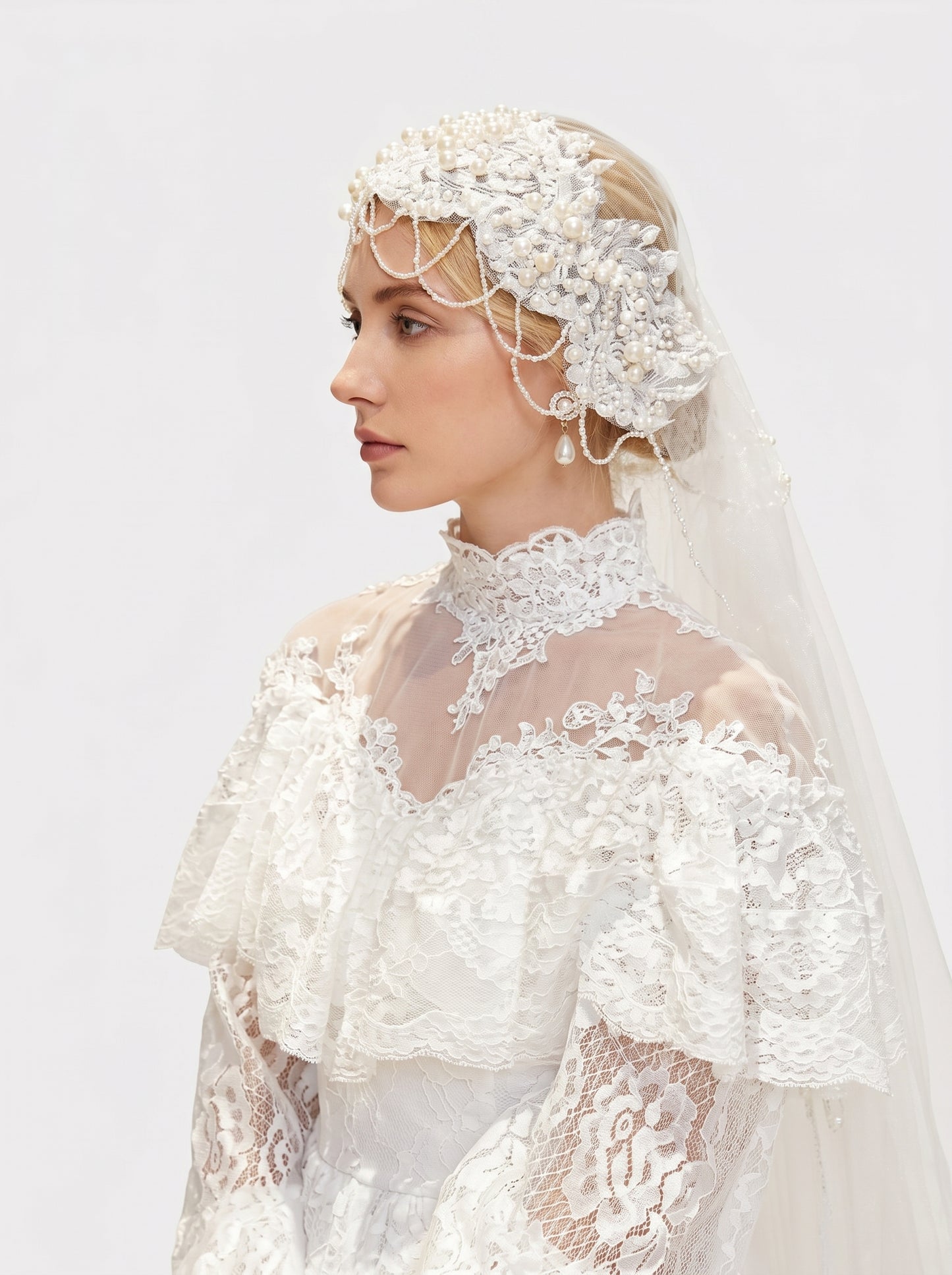 Luxury Juliet Cap Bridal Veil - Vintage Edwardian Pearl-Encrusted Wedding Hair Piece - Royal Lace Bridal Cap Veil with Scalloped Drapes  LUNA-X329