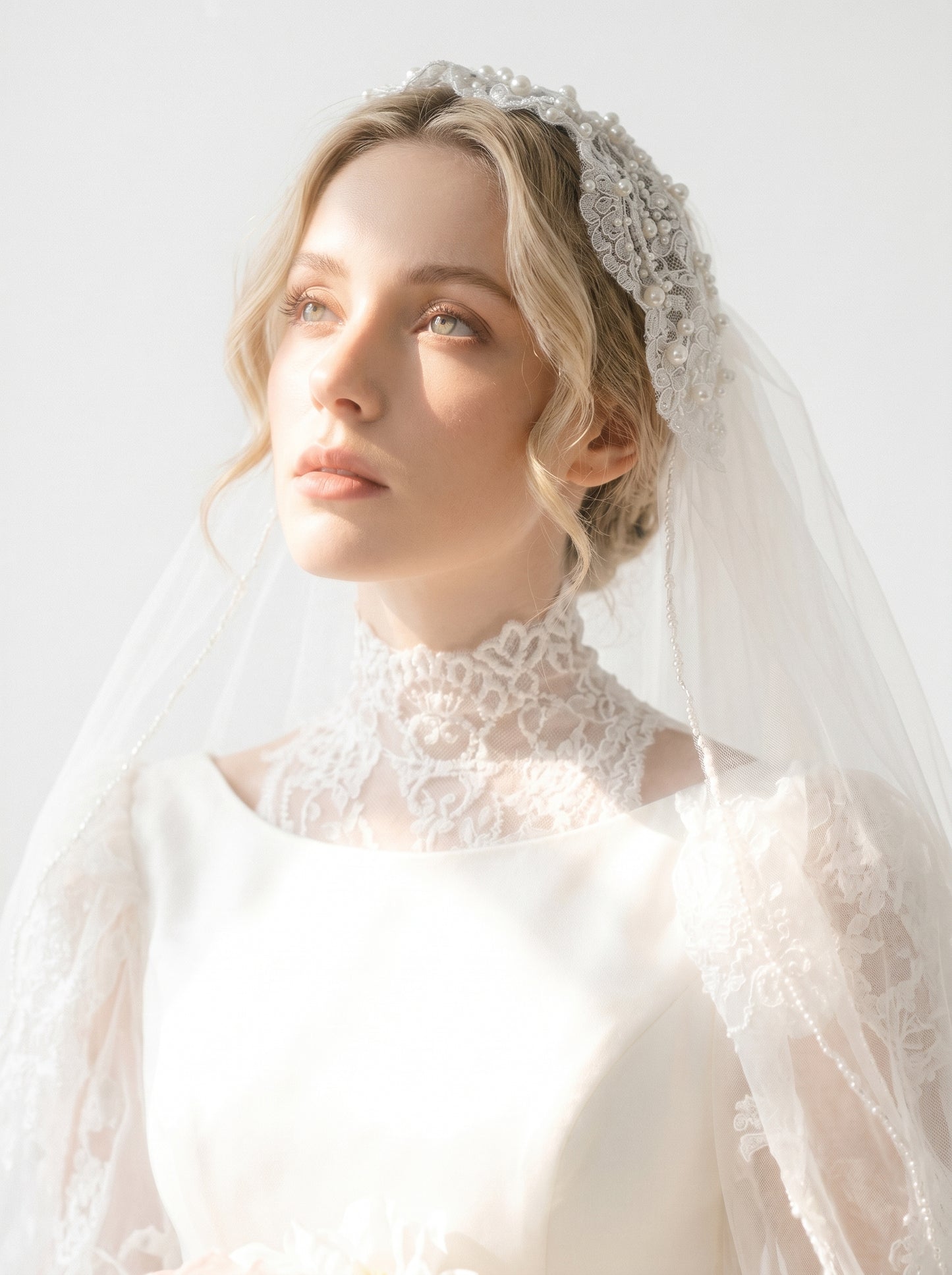 Luxury Juliet Cap Bridal Veil - Vintage Edwardian Pearl-Encrusted Wedding Hair Piece - Royal Lace Bridal Cap Veil with Scalloped Drapes  LUNA-X329