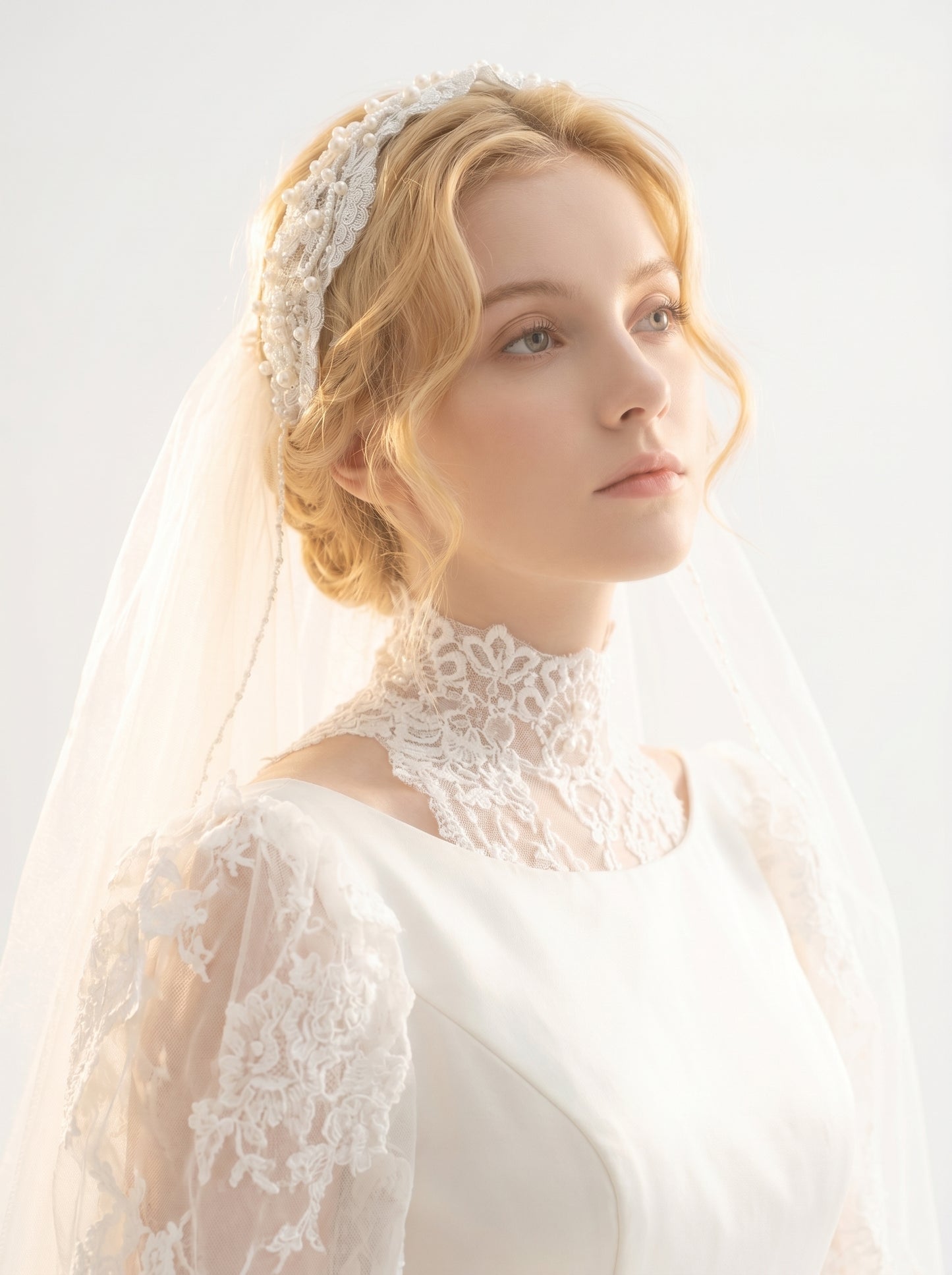 Luxury Juliet Cap Bridal Veil - Vintage Edwardian Pearl-Encrusted Wedding Hair Piece - Royal Lace Bridal Cap Veil with Scalloped Drapes  LUNA-X329