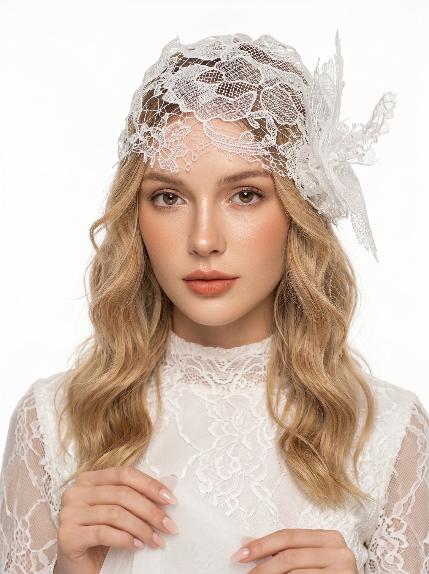 Vintage 1920s Juliet Cap Bridal Veil - Statement Chantilly Lace Wedding Headband - Luxury 3D Floral Flapper Headpiece with Pearl Droplets  LUNA-X330