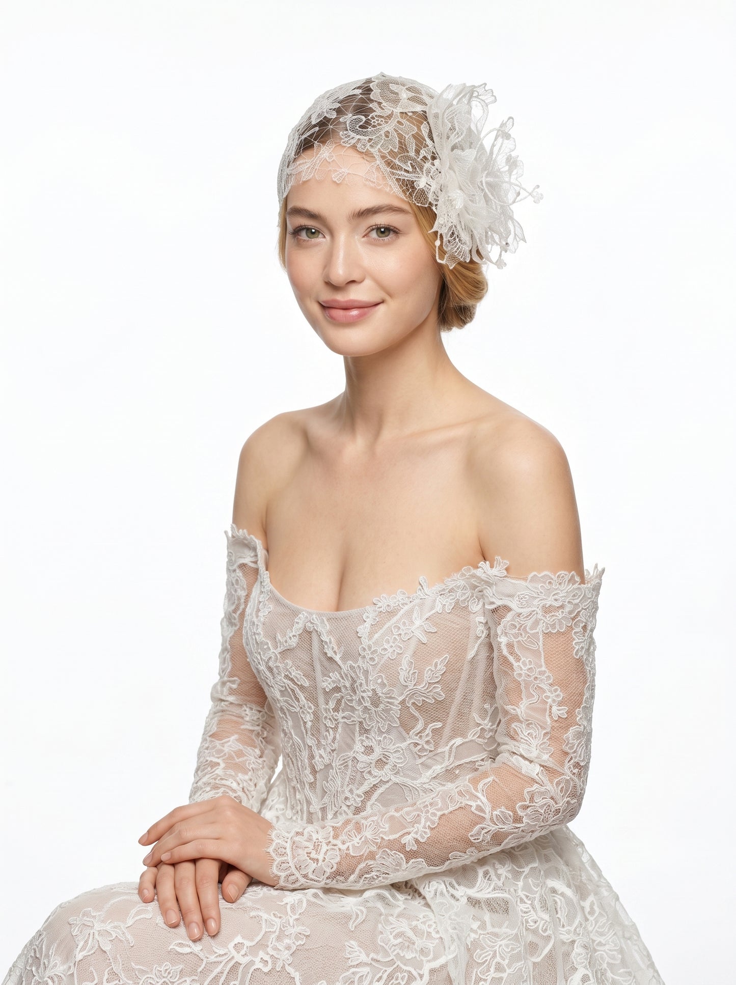 Vintage 1920s Juliet Cap Bridal Veil - Statement Chantilly Lace Wedding Headband - Luxury 3D Floral Flapper Headpiece with Pearl Droplets  LUNA-X330