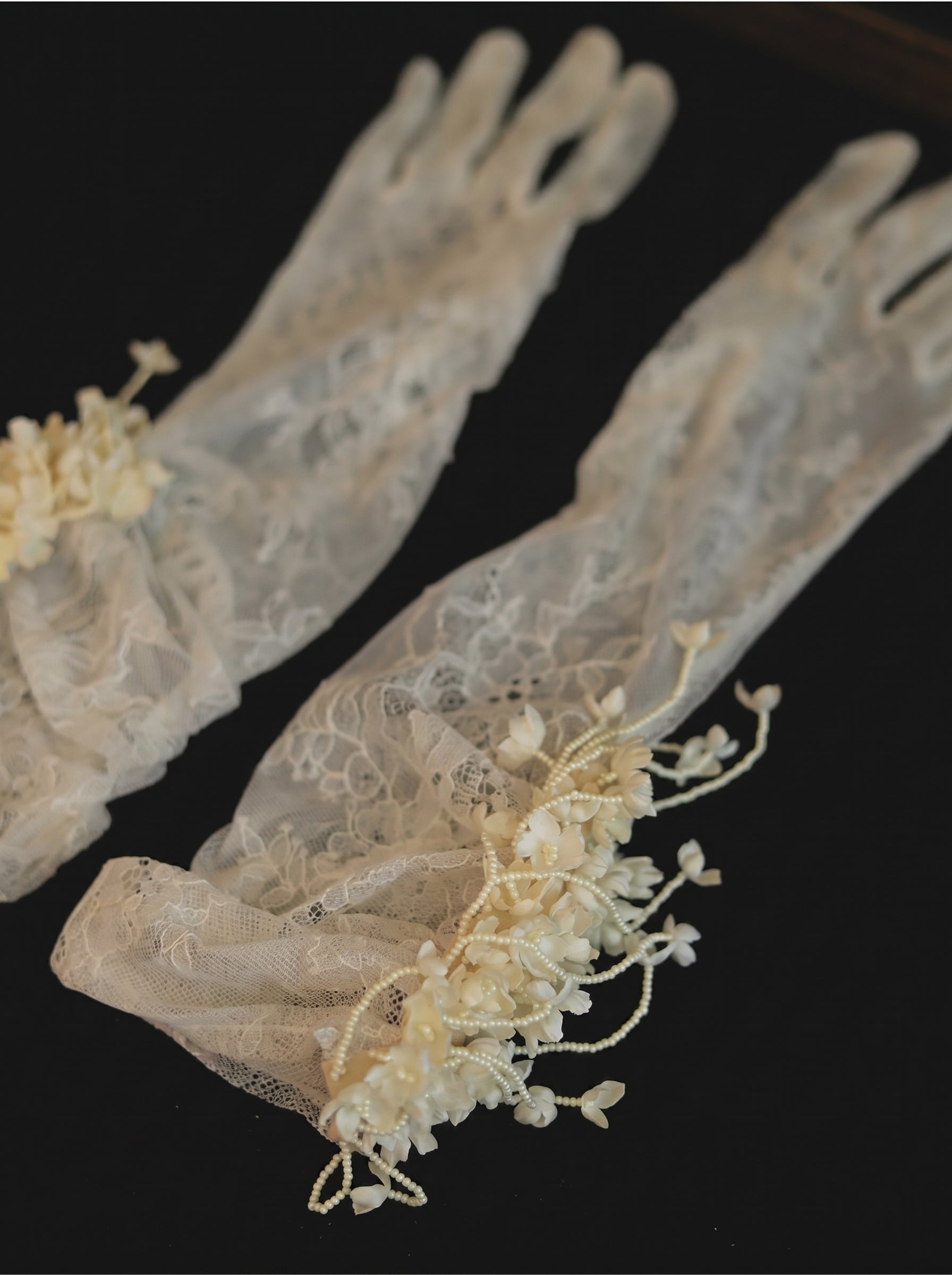 Vintage Cottagecore Lace Bridal Gloves Mid-Length 3D Floral Wedding Gloves with Cascading Beaded Tendrils | Antique Ivory Romantic Sheer Mesh Mittens | LUNA-X328