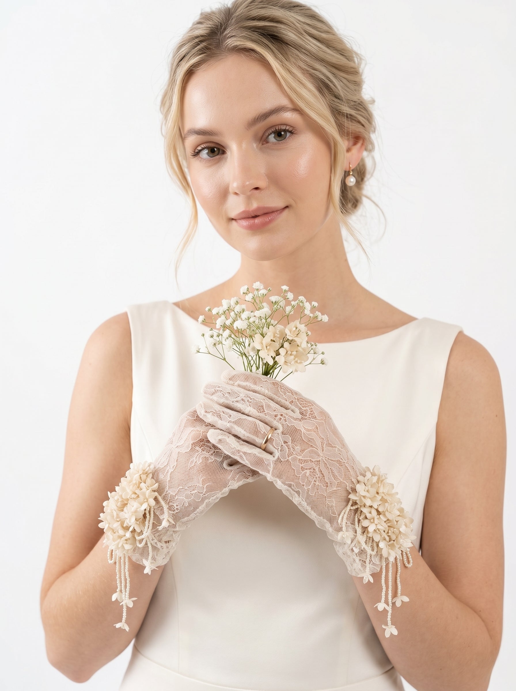 Vintage Cottagecore Lace Bridal Gloves Mid-Length 3D Floral Wedding Gloves with Cascading Beaded Tendrils | Antique Ivory Romantic Sheer Mesh Mittens | LUNA-X328