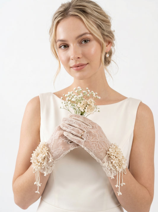 Vintage Cottagecore Lace Bridal Gloves Mid-Length 3D Floral Wedding Gloves with Cascading Beaded Tendrils | Antique Ivory Romantic Sheer Mesh Mittens | LUNA-X328