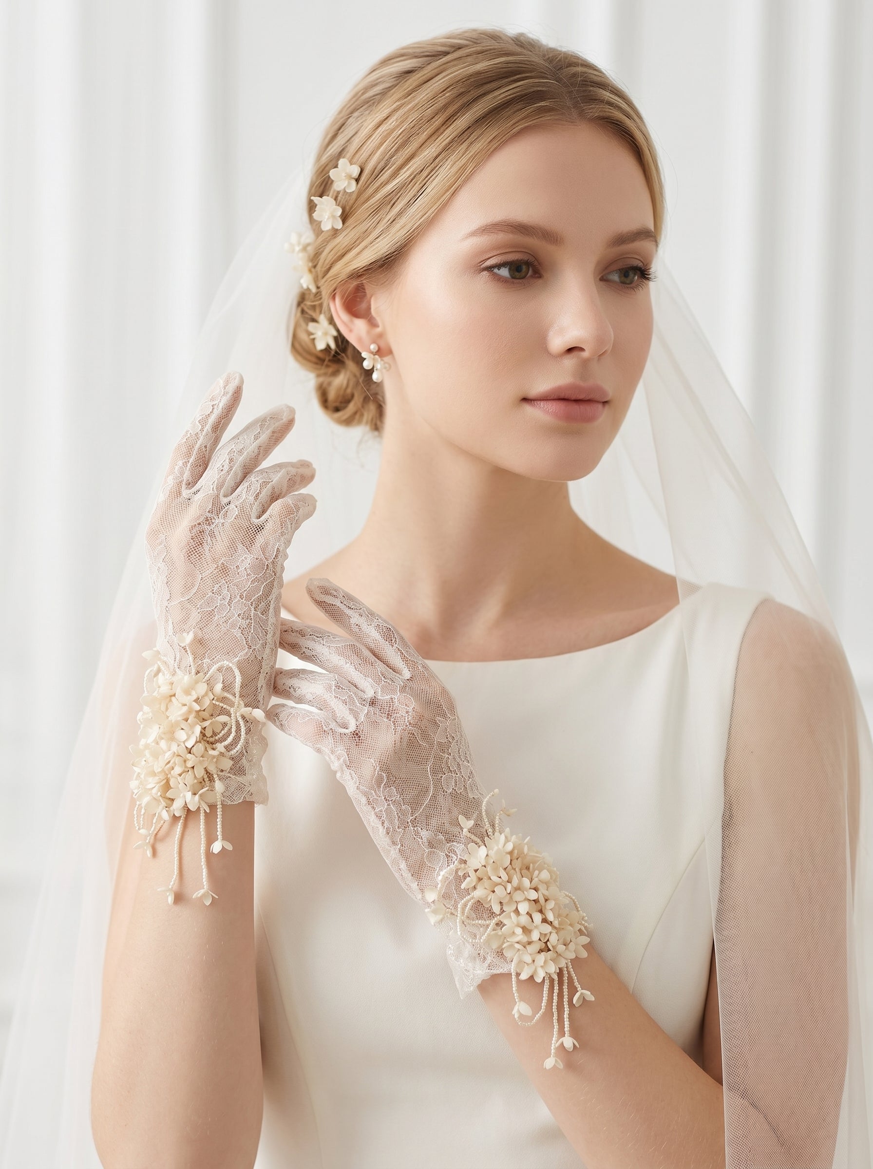 Vintage Cottagecore Lace Bridal Gloves Mid-Length 3D Floral Wedding Gloves with Cascading Beaded Tendrils | Antique Ivory Romantic Sheer Mesh Mittens | LUNA-X328