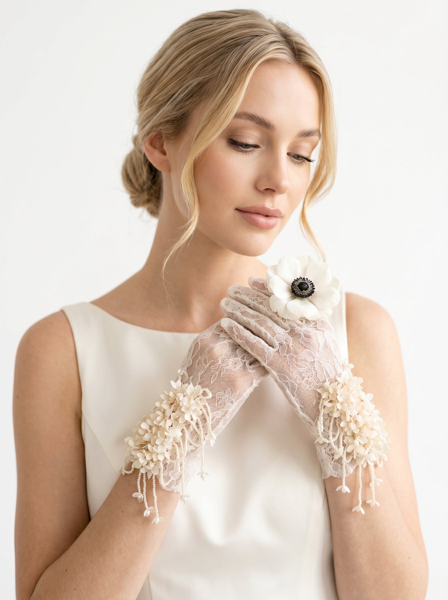 Vintage Cottagecore Lace Bridal Gloves Mid-Length 3D Floral Wedding Gloves with Cascading Beaded Tendrils | Antique Ivory Romantic Sheer Mesh Mittens | LUNA-X328
