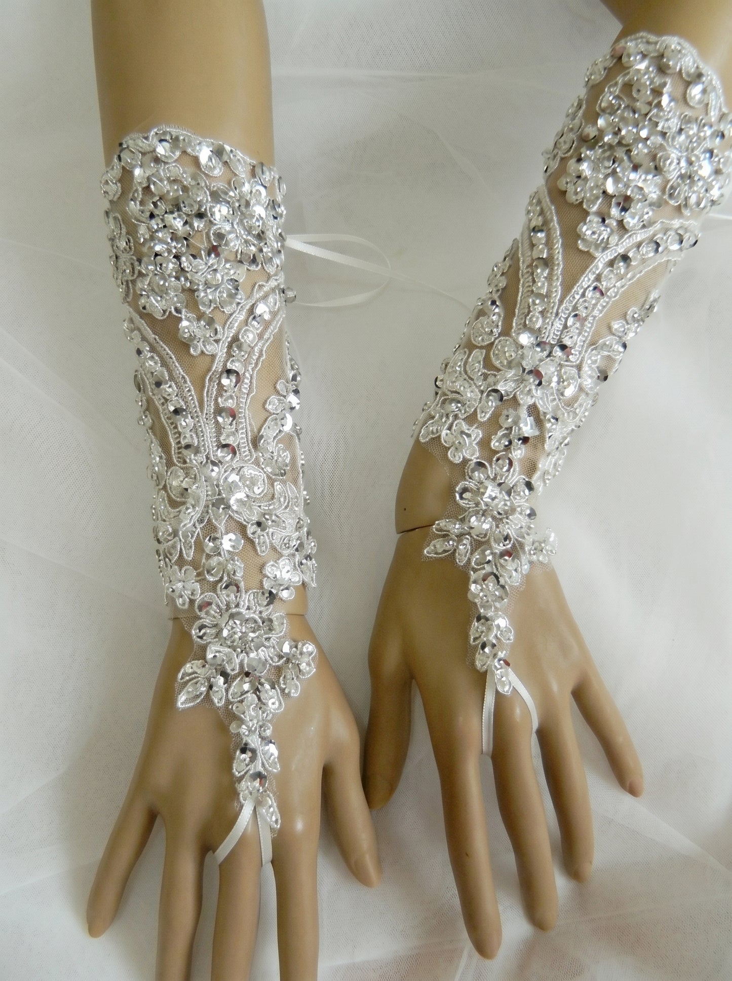 Sparkling Sequin Bridal Lace Gloves - Fingerless Wedding Gloves with Ring Loop - Luxury Beaded Applique Corset Bridal Mitts  LUNA-X336
