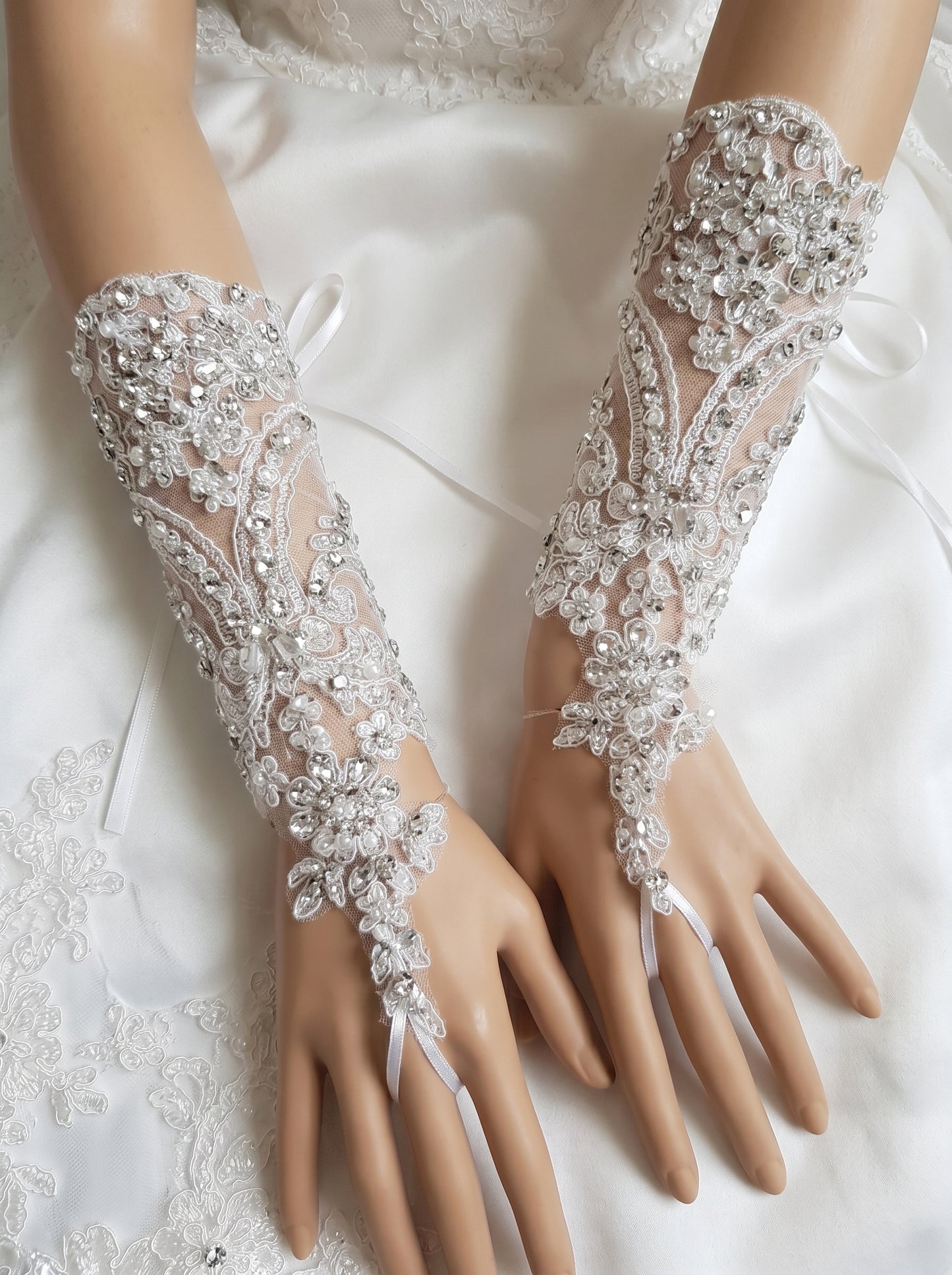 Sparkling Sequin Bridal Lace Gloves - Fingerless Wedding Gloves with Ring Loop - Luxury Beaded Applique Corset Bridal Mitts  LUNA-X336