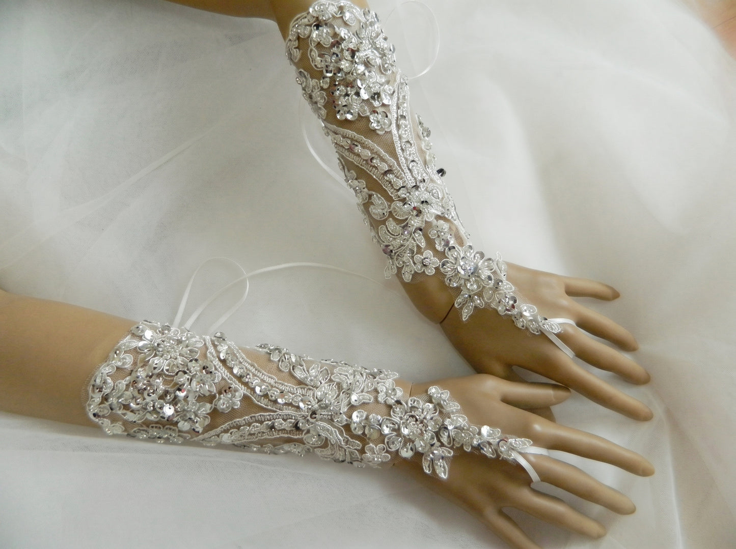 Sparkling Sequin Bridal Lace Gloves - Fingerless Wedding Gloves with Ring Loop - Luxury Beaded Applique Corset Bridal Mitts  LUNA-X336