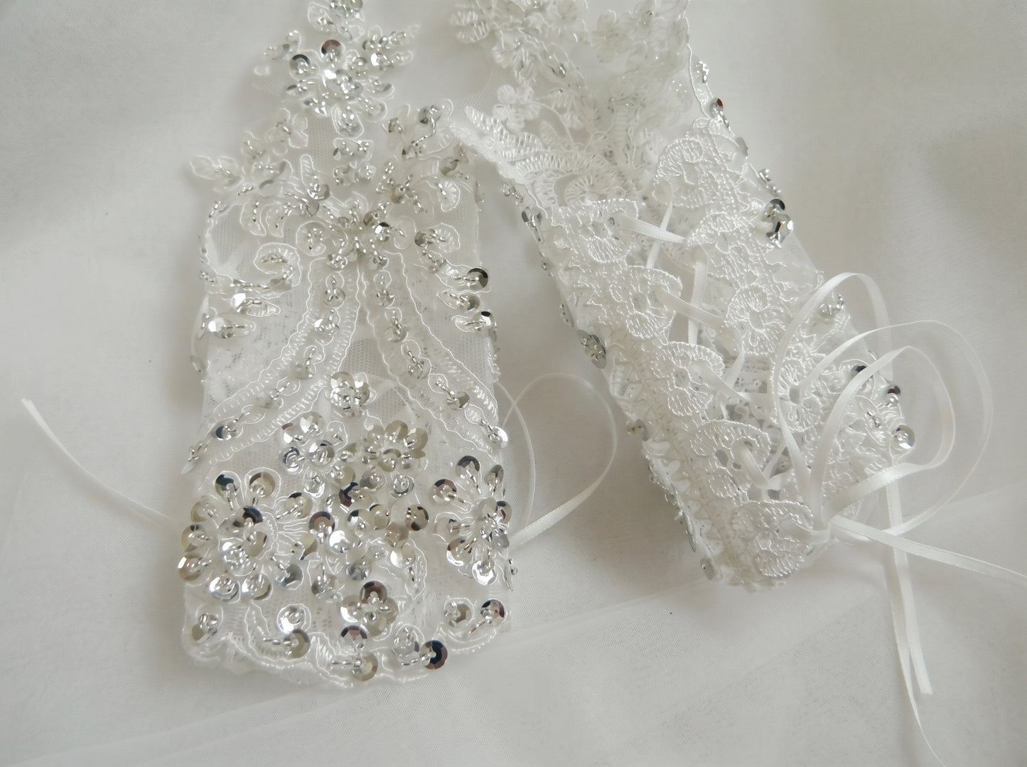 Sparkling Sequin Bridal Lace Gloves - Fingerless Wedding Gloves with Ring Loop - Luxury Beaded Applique Corset Bridal Mitts  LUNA-X336