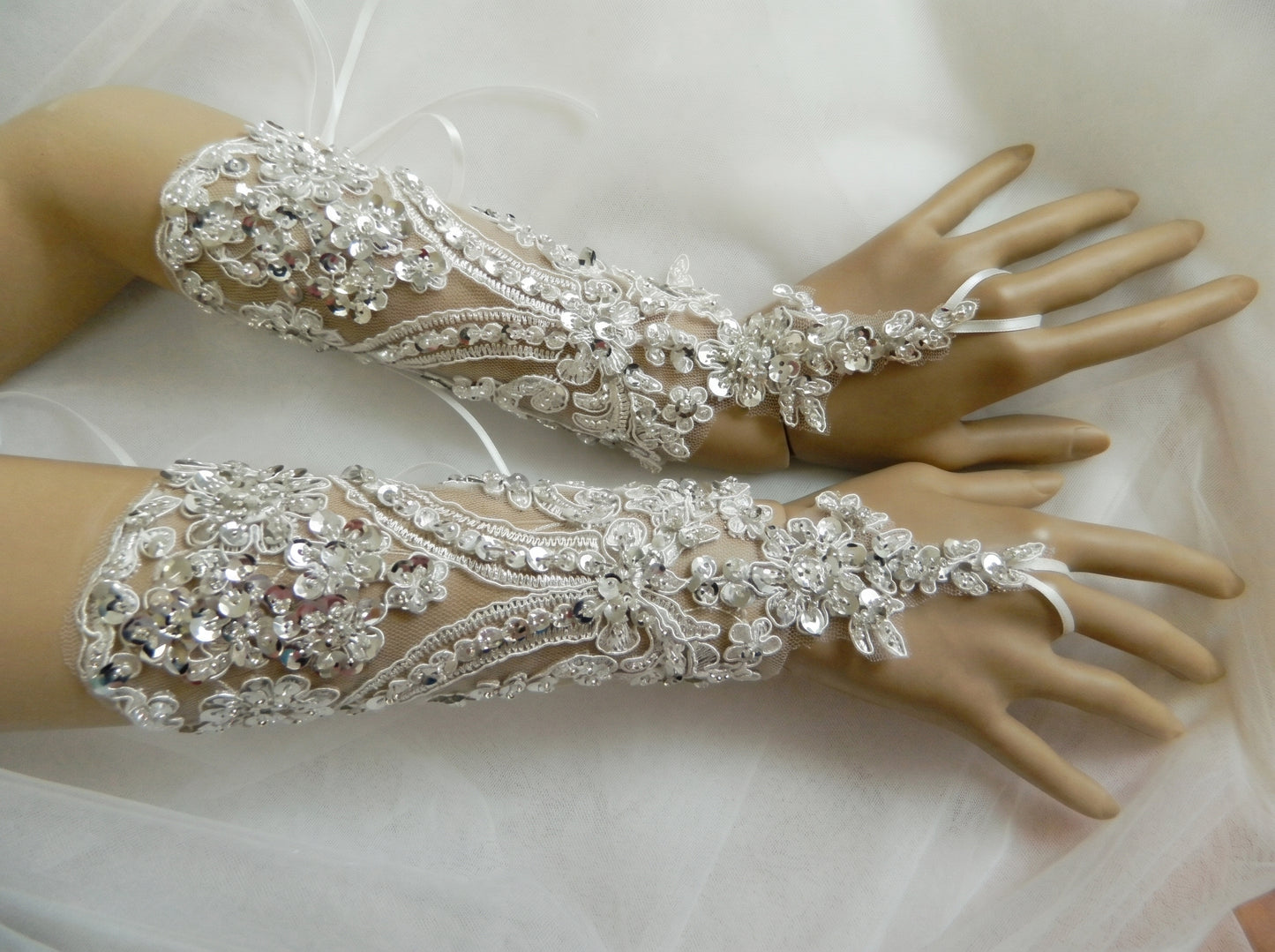 Sparkling Sequin Bridal Lace Gloves - Fingerless Wedding Gloves with Ring Loop - Luxury Beaded Applique Corset Bridal Mitts  LUNA-X336
