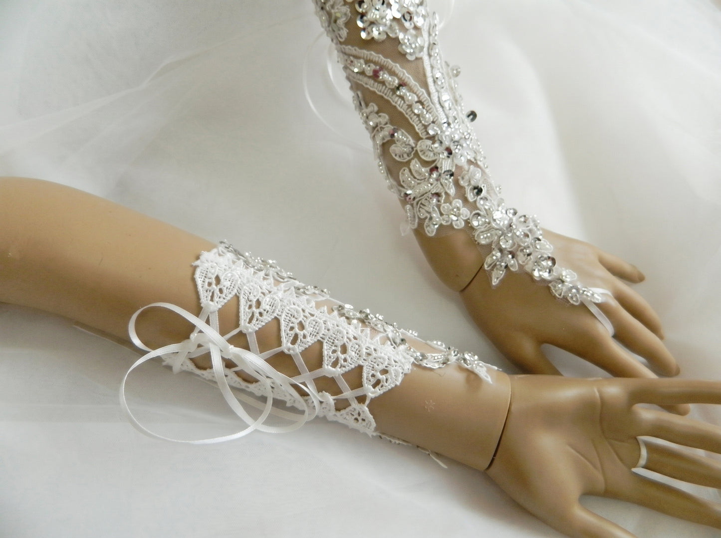 Sparkling Sequin Bridal Lace Gloves - Fingerless Wedding Gloves with Ring Loop - Luxury Beaded Applique Corset Bridal Mitts  LUNA-X336