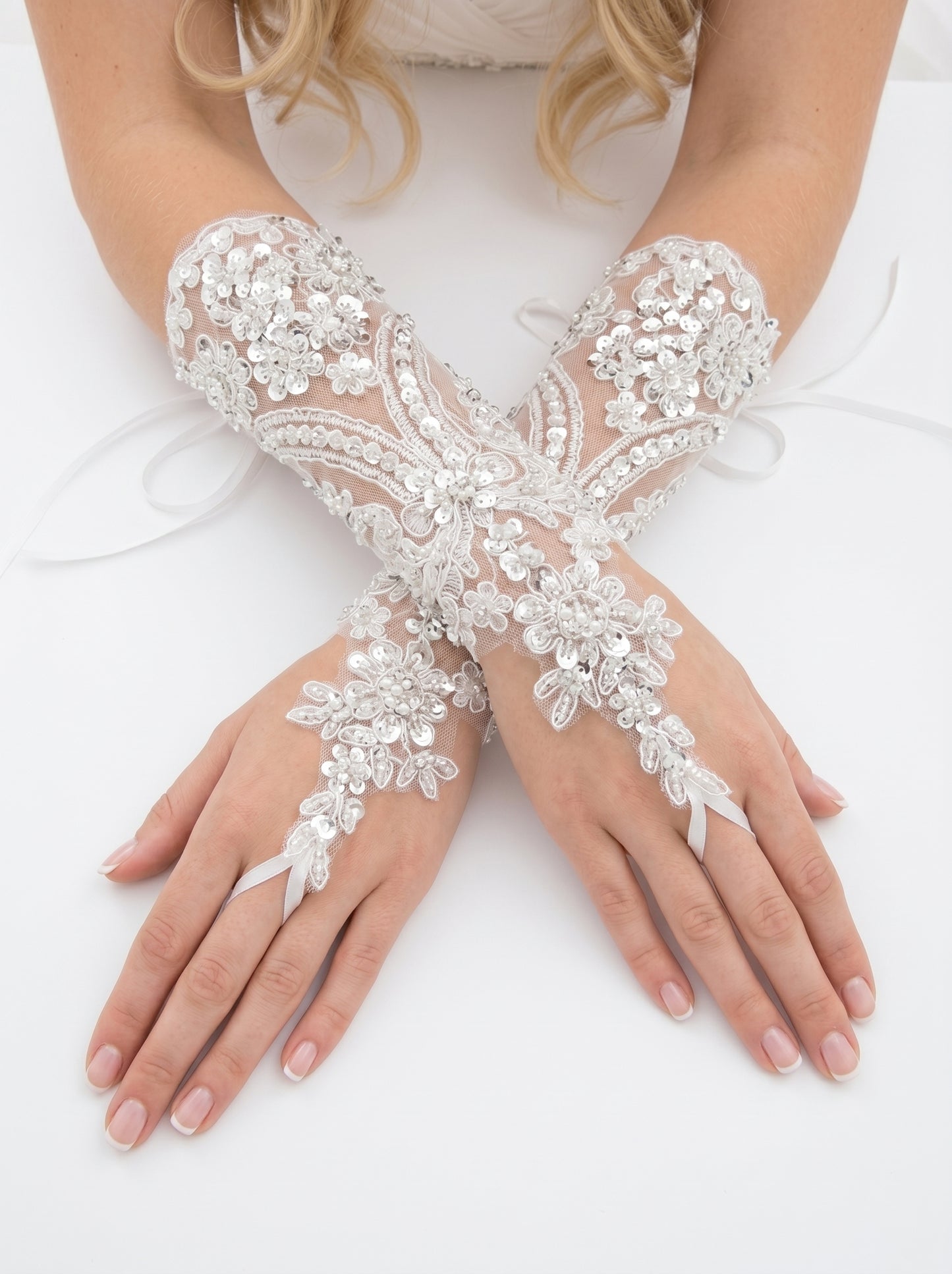Sparkling Sequin Bridal Lace Gloves - Fingerless Wedding Gloves with Ring Loop - Luxury Beaded Applique Corset Bridal Mitts  LUNA-X336