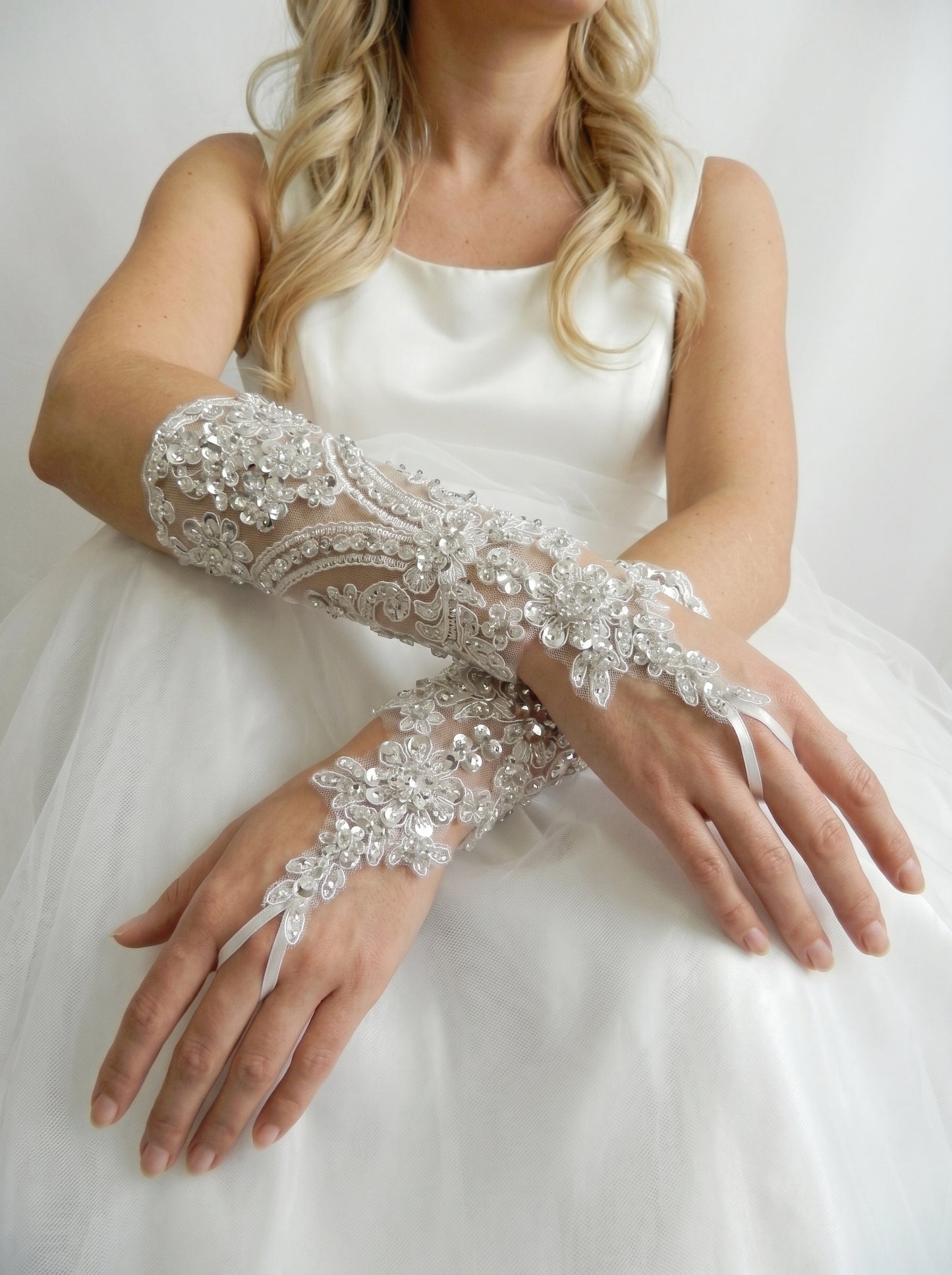 Sparkling Sequin Bridal Lace Gloves - Fingerless Wedding Gloves with Ring Loop - Luxury Beaded Applique Corset Bridal Mitts  LUNA-X336