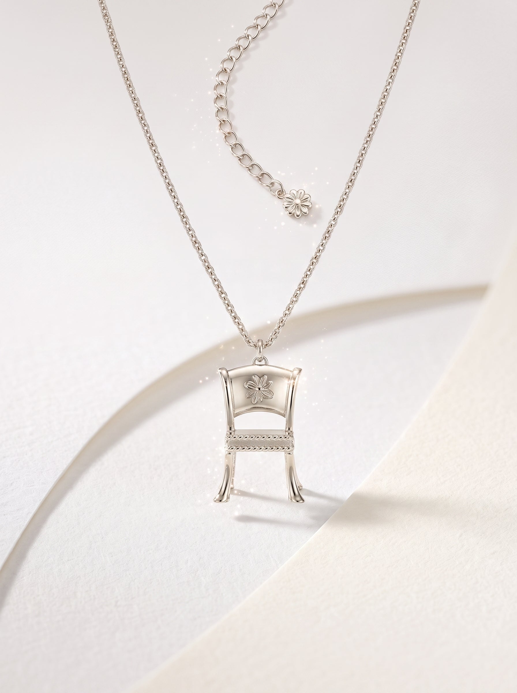 Garden Woven Bench Pendant Necklace For Women Light Titanium Gold Plated Copper Daisy Engraved Extra Long 71+10cm Adjustable Snake Chain Nature Gardening Statement Jewelry  LUNA-X274