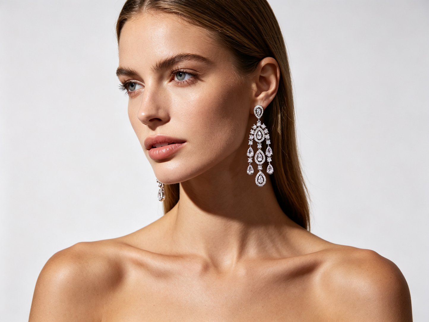 Luxury Full Zircon Fringe Necklace & Earring Set - Handmade Precision Prong Setting AAA Zircon Bridal Jewelry (46cm)LUNA-X150