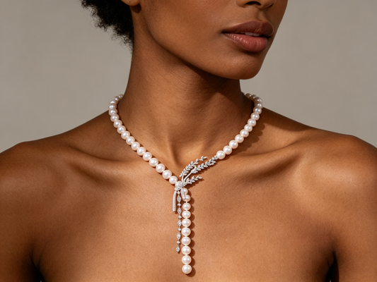 "Audrey's Garden" Freshwater Pearl & Marquise Zircon Leaf Drop Necklace, Platinum Plated Bridal & Timeless Cocktail Statement Jewelry LUNA-X167