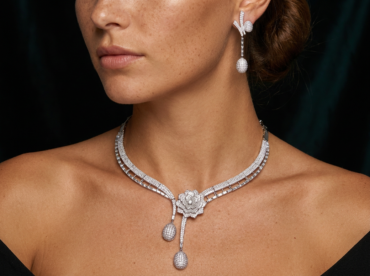 Luxury Micro-Pave CZ Camellia Bridal Jewelry Set, 18K White Gold Plated Geometric Flower Necklace & 6.5cm Dangle Earrings with Silver Posts  LUNA-X170