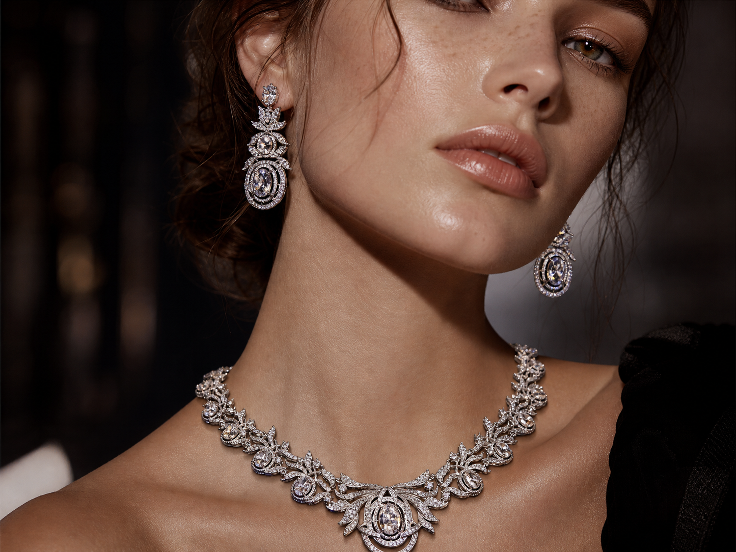 Luxury 3A Cubic Zirconia Bridal Jewelry Set, Platinum-Plated Handcrafted Prong Setting Necklace and Drop Earrings Set for Bride LUNA-X175