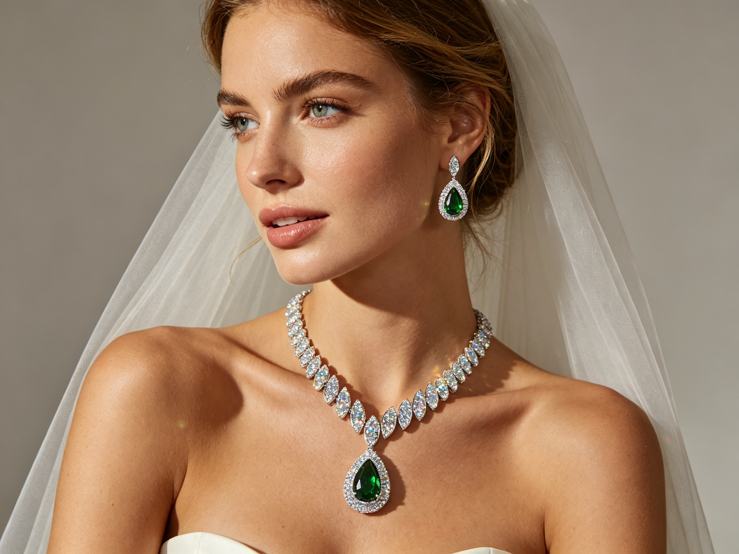 Luxury Teardrop Cubic Zirconia Jewelry Set - Elegant Crystal Statement Necklace and Dangle Earrings - White Gold Plated Bridal Banquet Set in 4 Royal Colors LUNA-X124