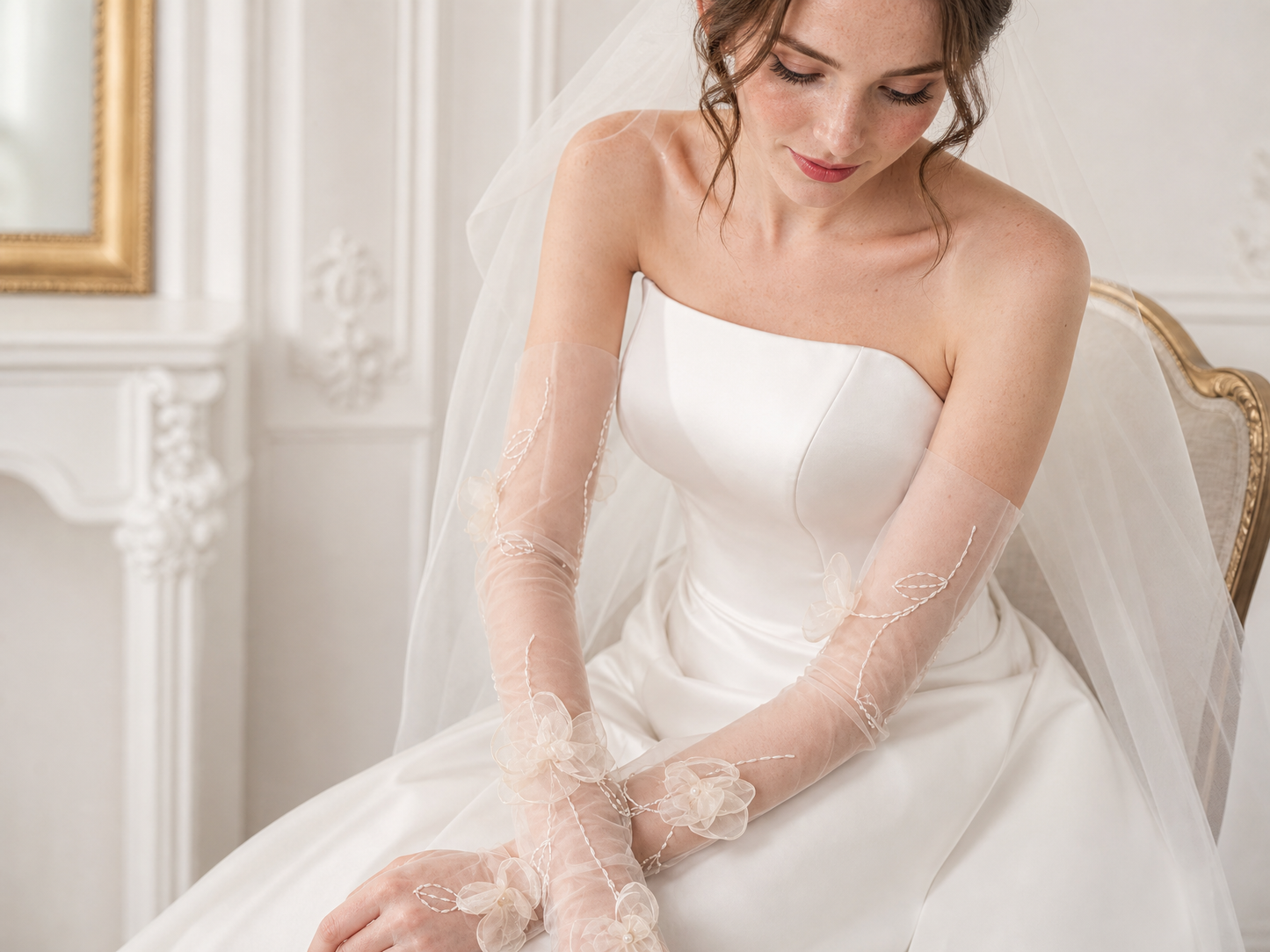 Dreamy 3D Organza Flower Bridal Sleeves, 56cm Light Beige Sheer Tulle Fingerless Gloves with Hand-Beaded Vines for Romantic Bride LUNA-X177