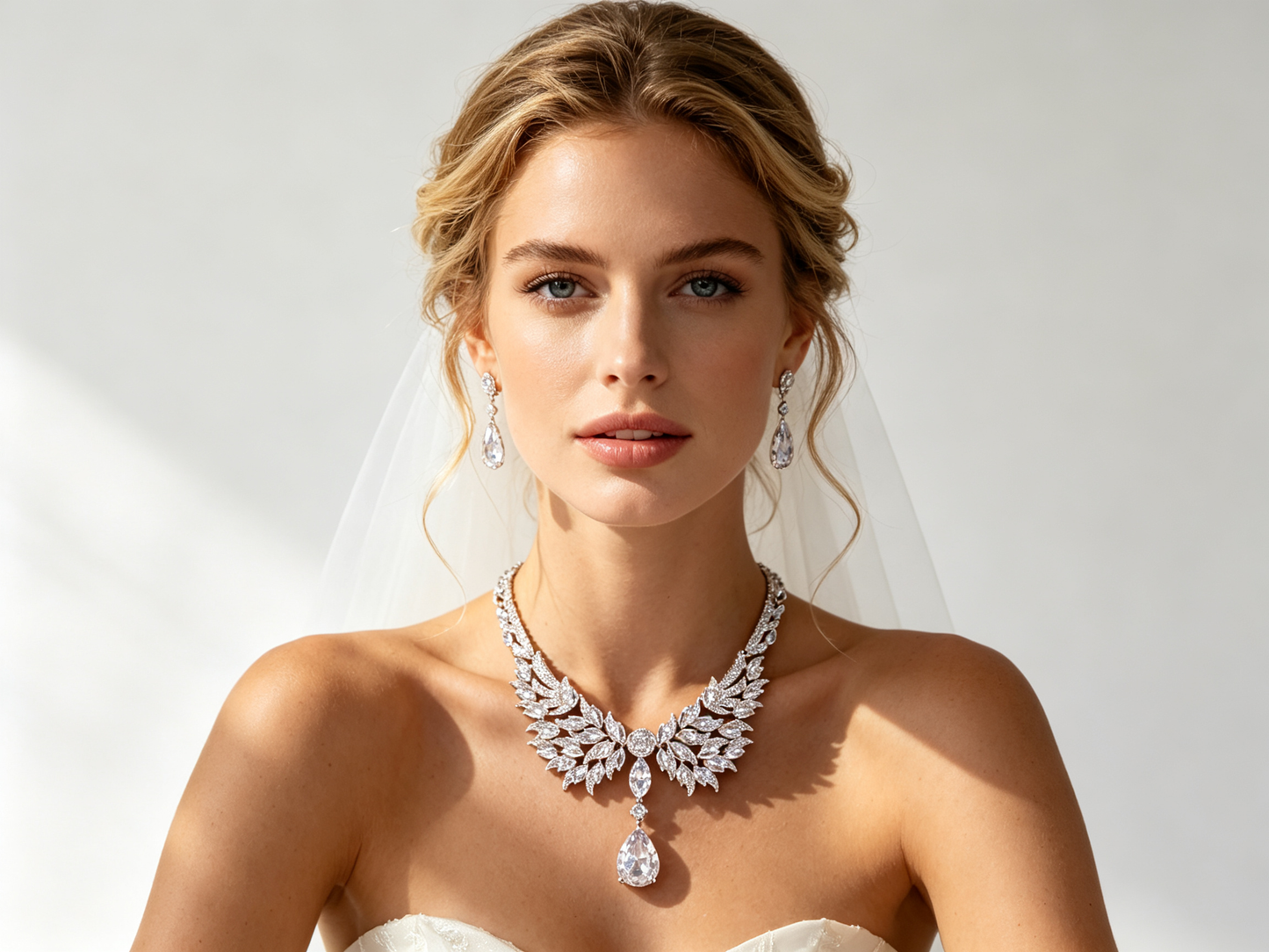 Luxury Angel Wing Zircon Necklace & Earring Set - Eco-Friendly Copper Thick White K Gold Plated Bridal Evening Jewelry LUNA-X146