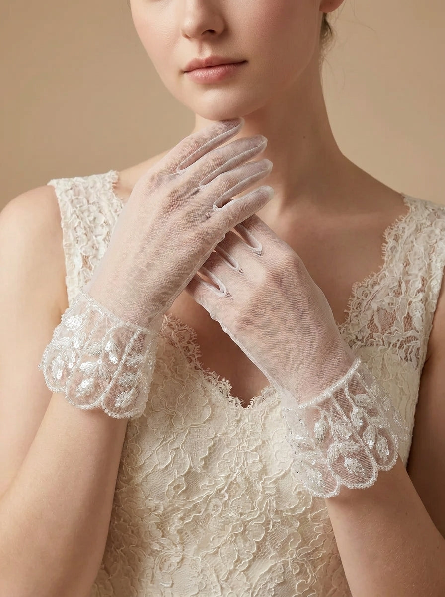 White Mesh Lace Sequin Bridal Short Gloves for Wedding and Banquet  LUNA-X190