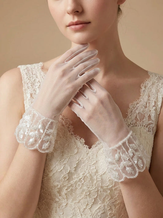 White Mesh Lace Sequin Bridal Short Gloves for Wedding and Banquet  LUNA-X190
