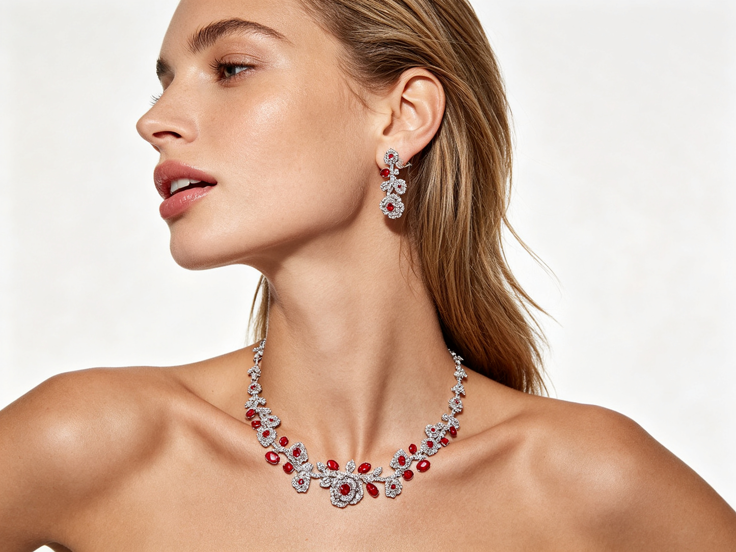 Luxury Rose Floral Crystal Bridal Jewelry Set - Elegant Statement Statement Necklace and Drop Earrings - Premium Wedding Banquet Jewelry in 4 Royal Colors LUNA-X123