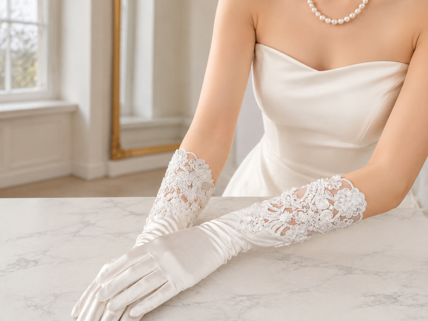 Ivory Satin Long Bridal Gloves with French Embroidery for Wedding LUNA-X185