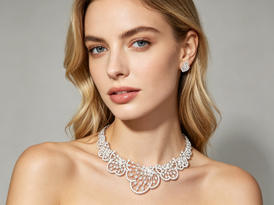 Grand Starburst Medallion Bridal Jewelry Set, Luxury Platinum Plated AAA Zircon Geometric Choker Necklace & Dramatic Drop Earrings Set for Royal Wedding & Gala LUNA-X160