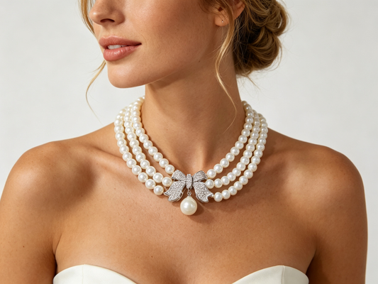 Triple-Strand Pearl & Zircon Bow Necklace – Vintage Elegance for Bridal & Evening Wear  LUNA-X136