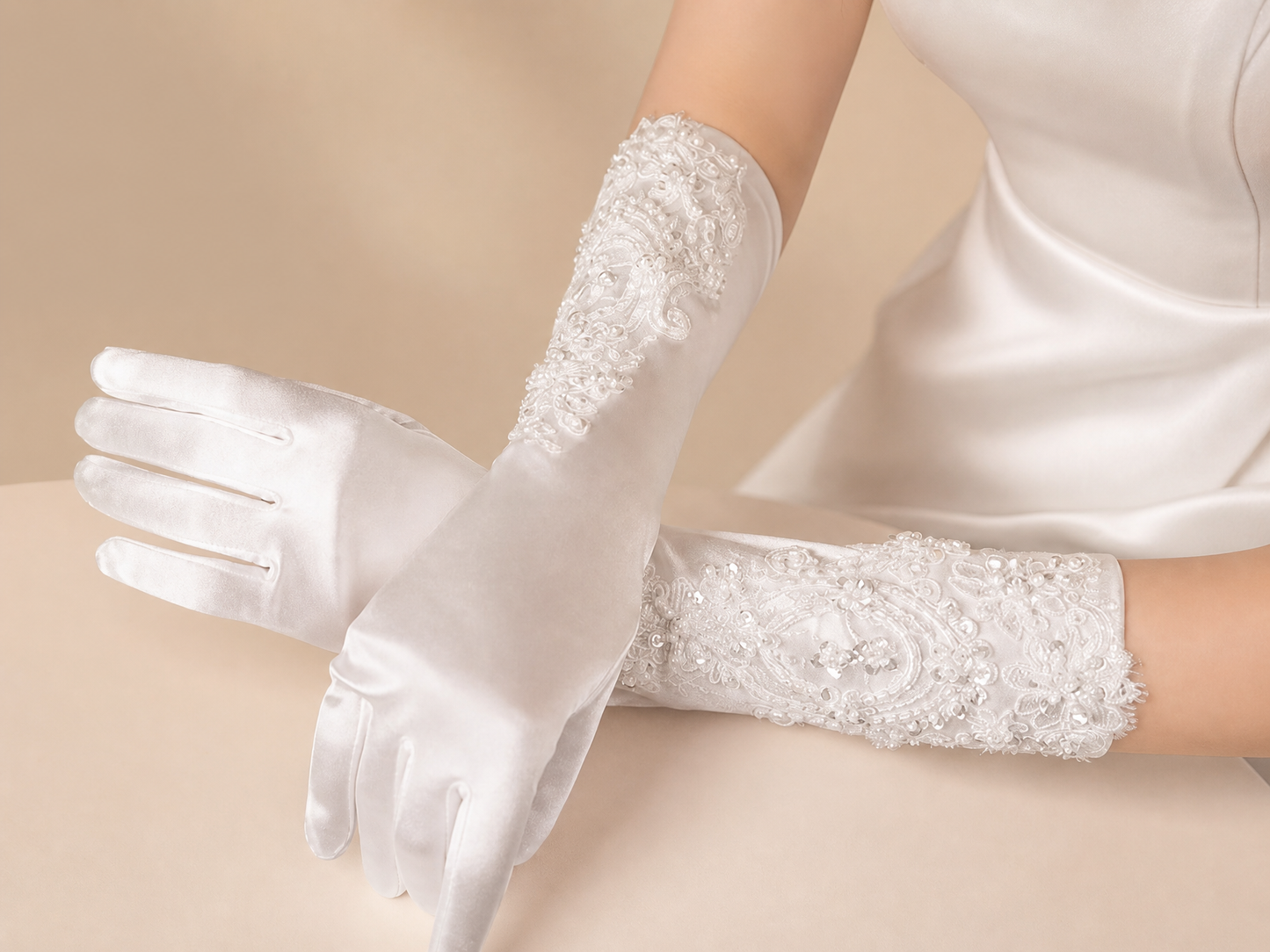 Premium White Satin Wedding Gloves, Bridal Gloves with Detailed Lace and Pearl Embellishments, Elegant Bridal Wear LUNA-X183